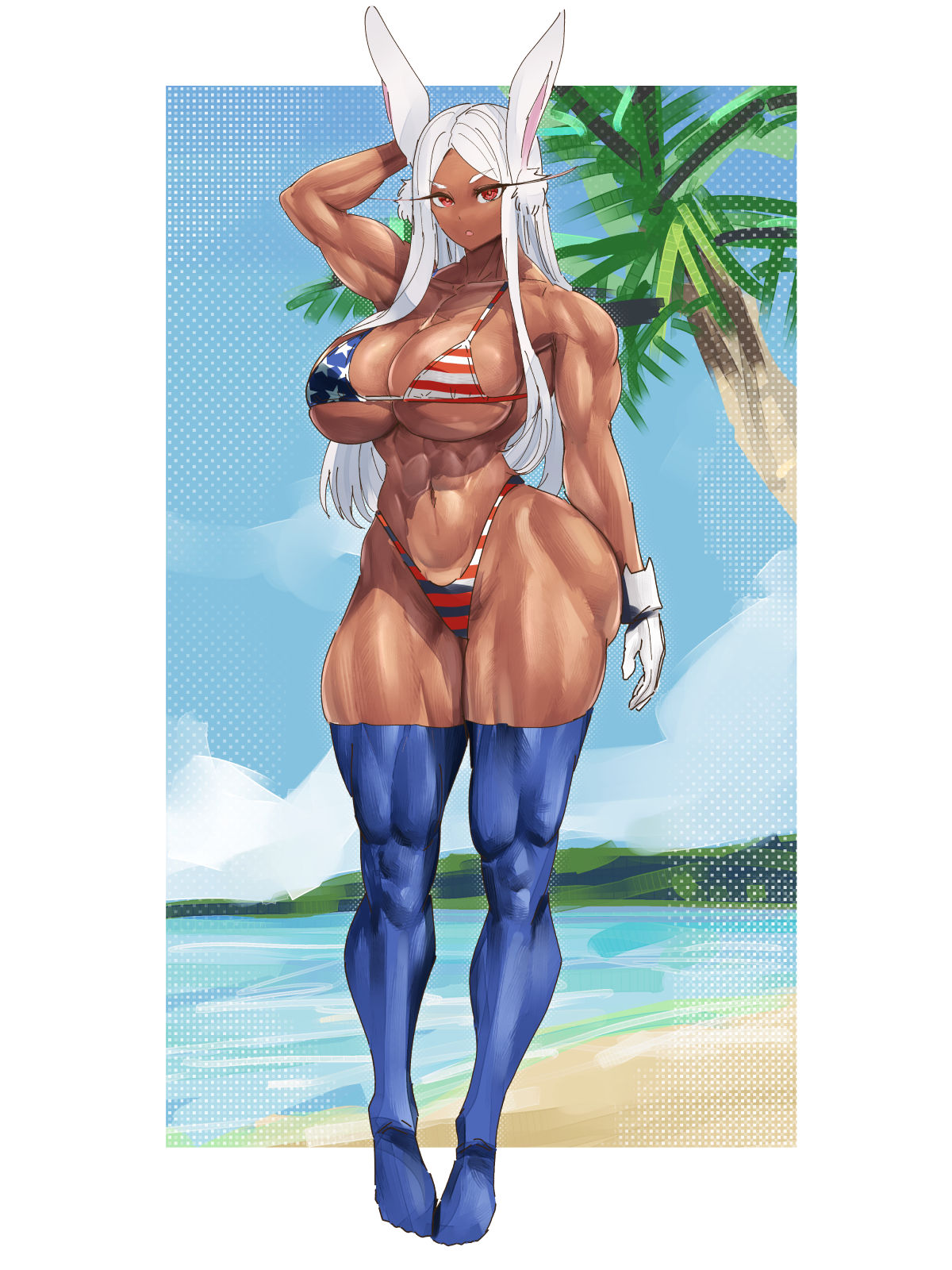 4th of july, abs, american flag bikini, boku no hero academia, dark-skinned female, miruko, muscular female, my hero academia, rumi usagiyama, teaindian