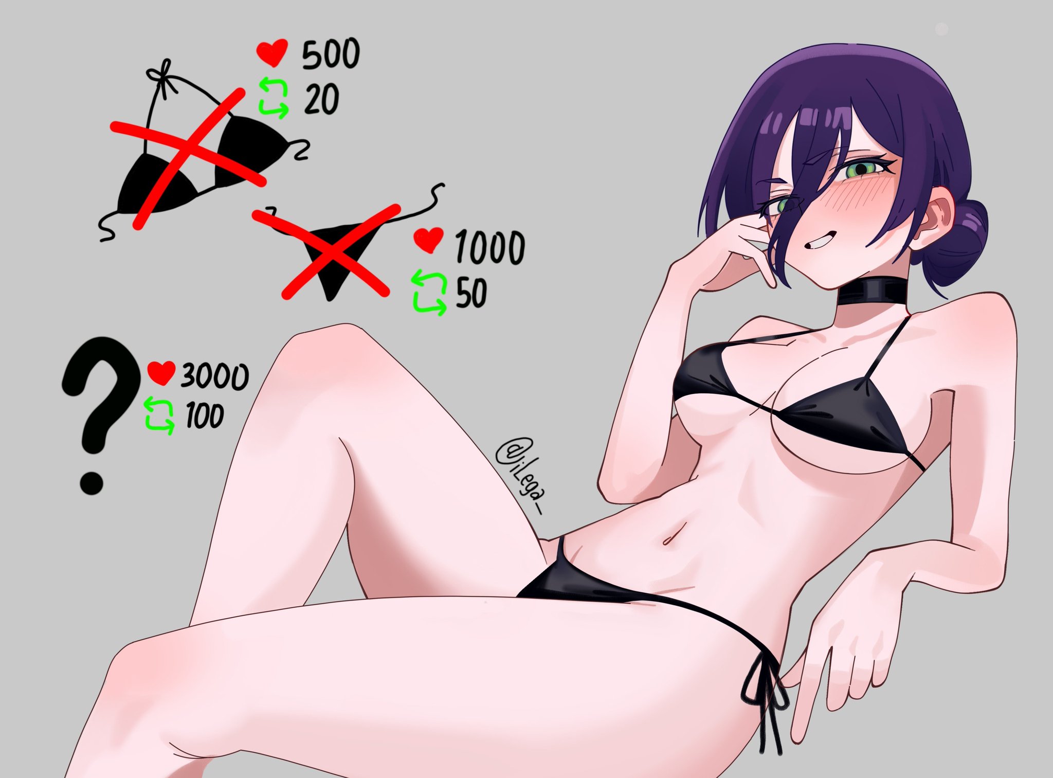 big ass, big butt, big thighs, big tits, big titties, bikini, chainsaw man, clothing, curvaceous, curvaceous female, curvaceous figure, curvy, curvy figure, curvy hips, female, female focus, female only, green eyes, ilega, purple hair, reze (chainsaw man), short hair, underwear
