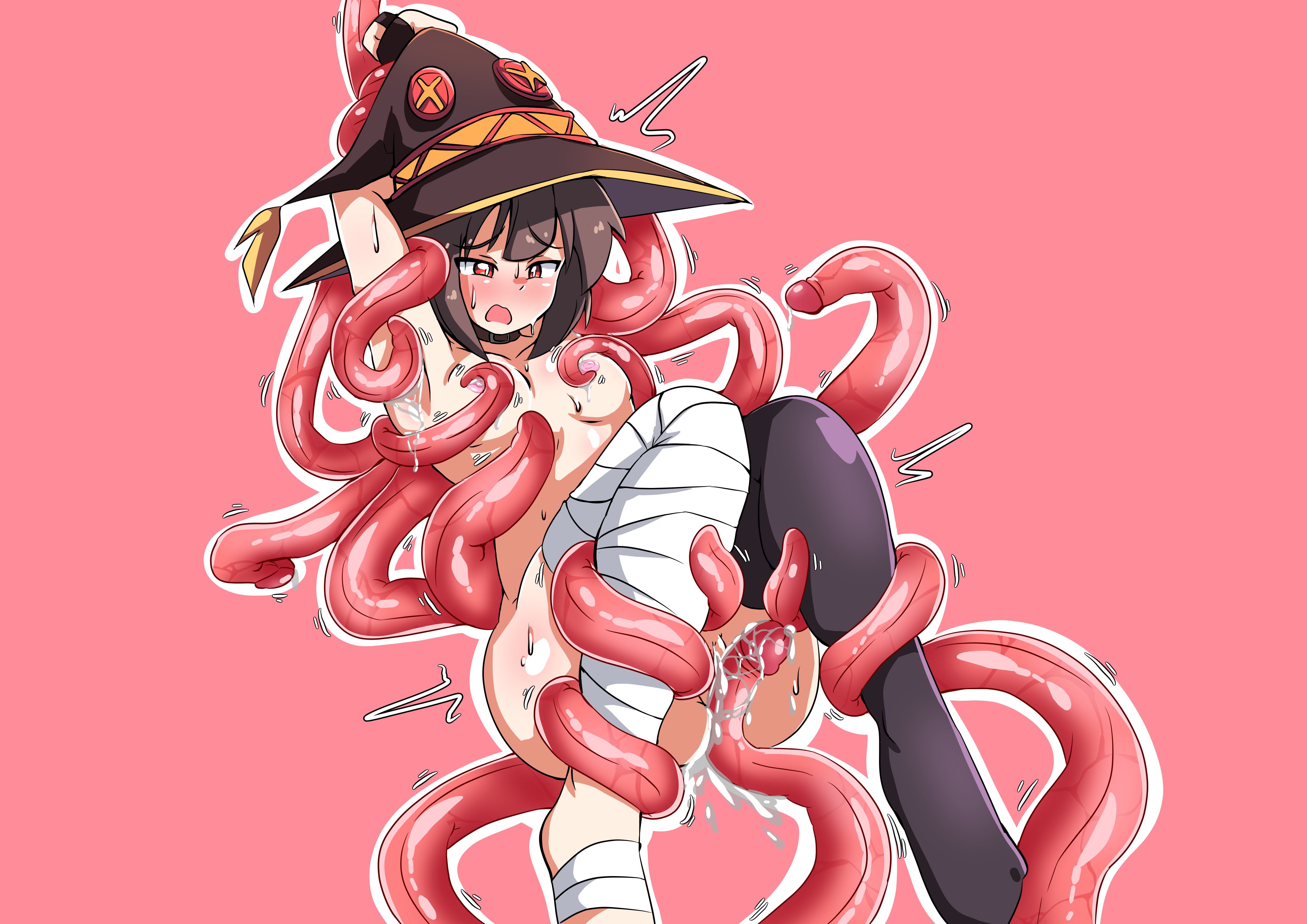 1girls, 2025, absurd res, areolae, armpit play, arms up, bandaged leg, bent legs, black thighhighs, blush, breasts, brown hair, choker, cum, female, kono subarashii sekai ni shukufuku wo!, lifted, lifted by tentacles, megumin, nipples, nude, nude female, open mouth, pink background, pussy, red eyes, restrained, restrained by tentacles, rubbing, rubbing pussy, simple background, single thighhigh, small breasts, solo, sonazthewho, tentacle, tentacle penis, tentacle rape, tentacles, tentacles around breasts, tentacles on female, witch hat