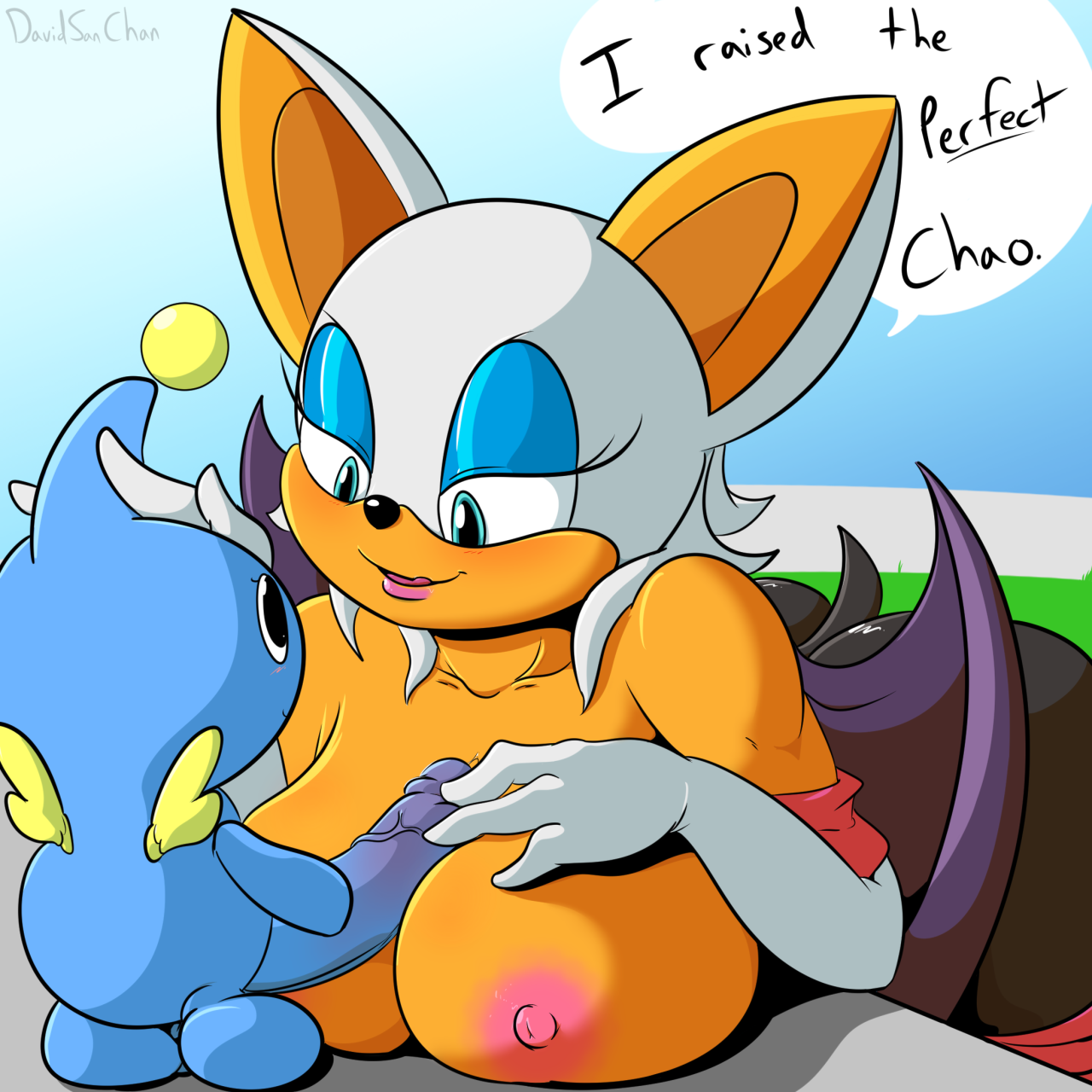 1boy, 1girls, 2019, areolae, ass, balls, big breasts, big penis, blue skin, breasts, chao (sonic), davidsanchan, duo, english text, female, interspecies, large breasts, larger female, male, nipples, penis, penis on breasts, rouge the bat, sega, size difference, smaller male, sonic (series), sonic the hedgehog (series), speech bubble, straight, text, video games, white fur, white hair