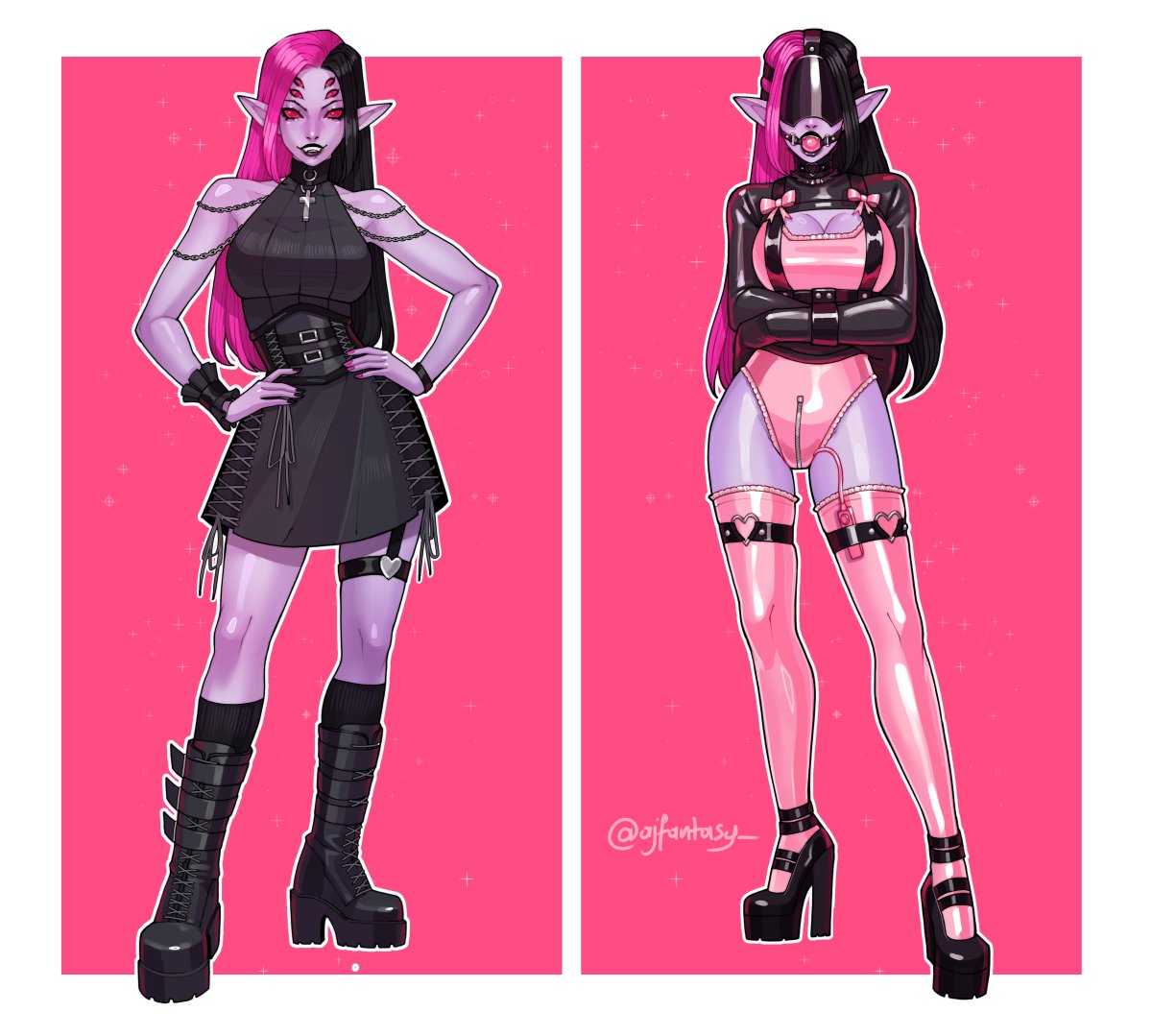 1girls, ajfantasy, ball gag, before and after, bondage, bound, cleavage, dress, female, female only, femsub, gag, gagged, high heels, latex, latex clothing, latex stockings, latex thighhighs, nail polish, painted fingernails, painted nails, platform heels, pointy ears, purple skin, rubber, rubber clothing, straitjacket, thighhighs, vibrator, vibrator controller, vibrator cord, vibrator under clothes