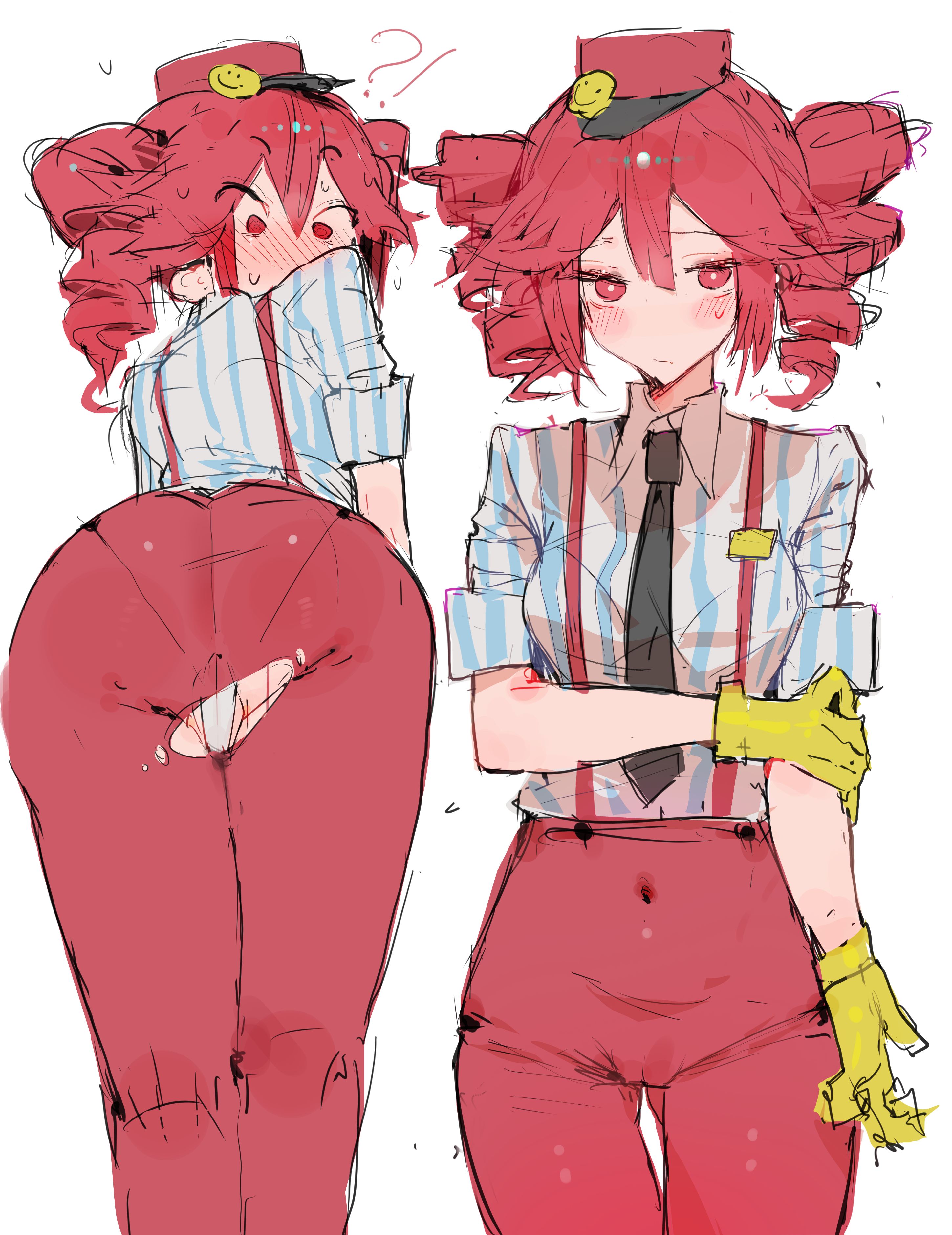 1girls, 2d, 2d (artwork), arched back, ass, ass focus, ass visible through thighs, back, back view, bending over, bent over, blouse, blush, blush lines, blushing, blushing female, breasts, cameltoe, clothed, clothed female, clothing, colored sketch, embarrassed, embarrassed female, female, female only, front and back, front view, fully clothed, gloves, grabbing arm, grabbing own arm, hat, high waisted pants, high-waist pants, hips wider than shoulders, ip chort, kasane teto, kasane teto (sv), leaning, leaning forward, legs together, looking at viewer, looking back, mesmerizer (vocaloid), mesmerizer teto, mv character, navel, navel visible through clothes, necktie, panties, pants, pantylines, partially visible vulva, petite, petite body, petite female, pussy, pussy lips, red eyes, red hair, ripped clothing, ripped pants, shirt, sketch, skin tight, skin tight pants, skinny, skinny female, slim girl, slim waist, small breasts, solo, solo female, sticking ass out, striped shirt, surprised, surprised expression, suspenders, sweat, sweatdrop, sweating, synthesizer v, thigh gap, thighs, tight clothing, tight pants, torn clothes, torn pants, twin drills, utau, vagina, visible panties, wardrobe malfunction, white panties, wide hips