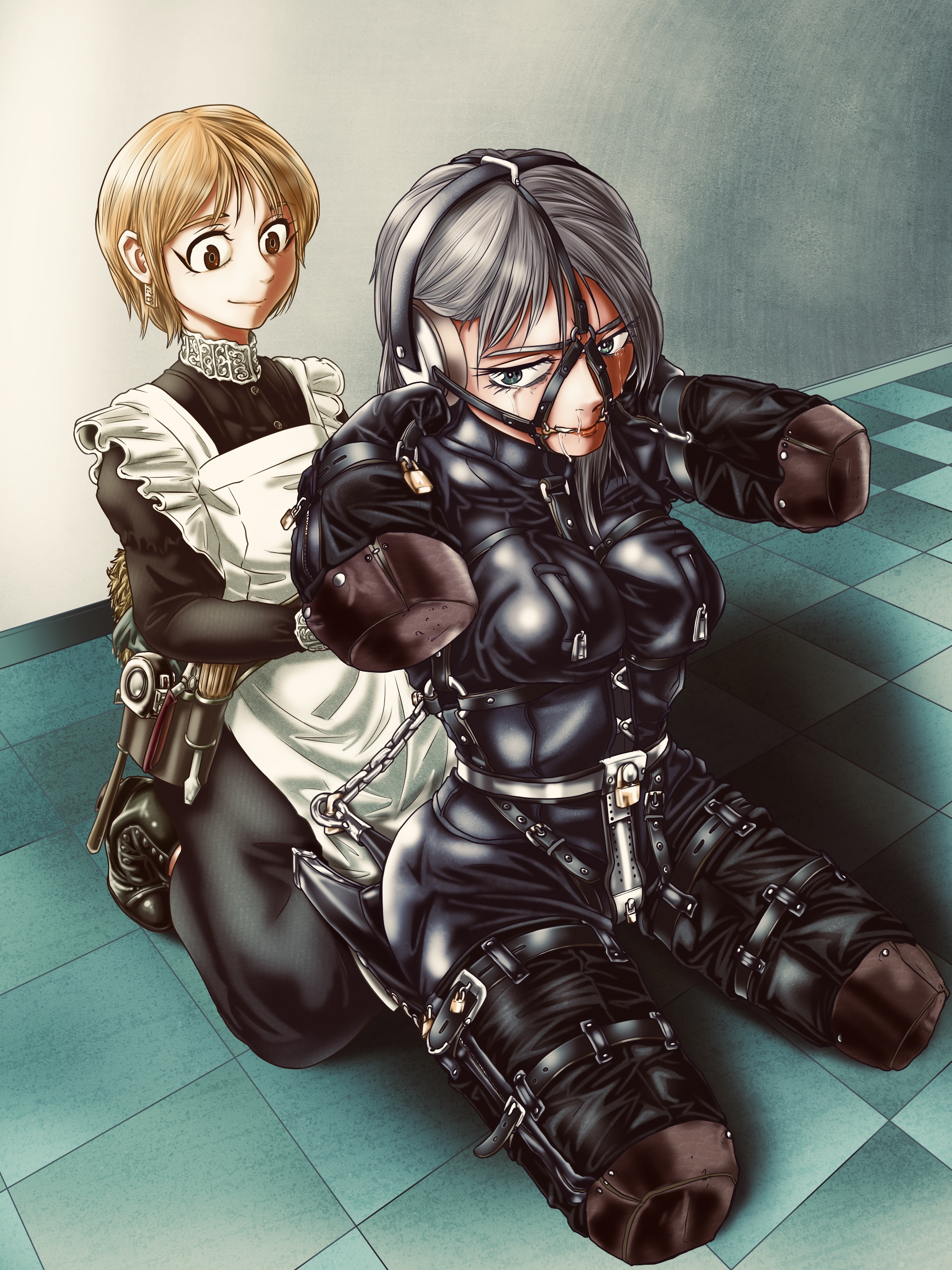 2girls, apron, bitchsuit, blonde hair, bondage, bound, bound arms, bound legs, brown eyes, chains, chastity, chastity belt, chastity device, collar, crying, crying with eyes open, drool, drooling, female, female chastity, female only, femsub, fully clothed, gag, gagged, grey hair, harness gag, high heels, maid, tagme, tagme (artist), tears