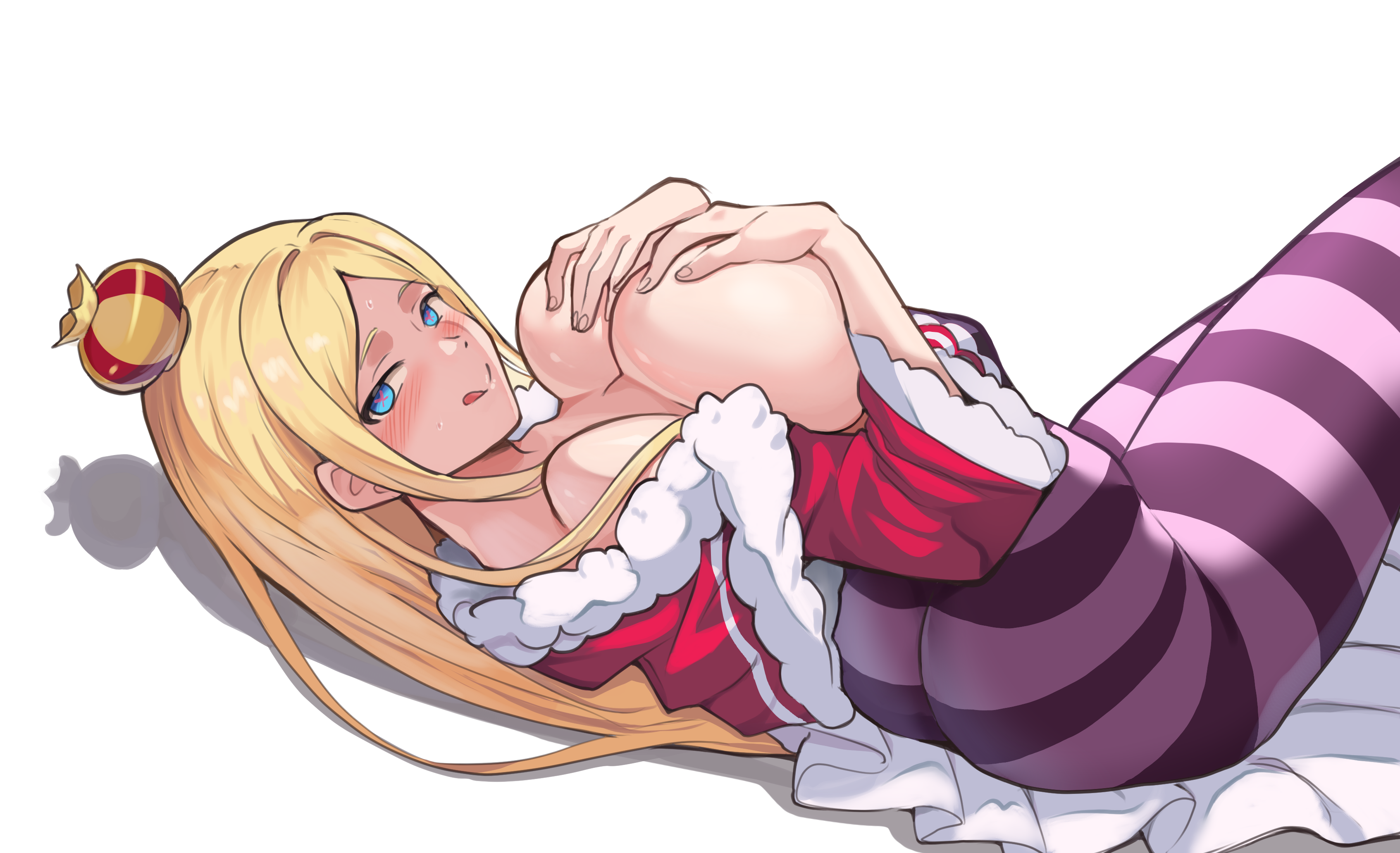 :q, 1girl, aged up, alternate breast size, ass, bare shoulders, beatrice (re:zero), blonde hair, blue eyes, blush, breasts, breasts out, capelet, clothing, covering breasts, covering nipples, covering privates, crown, dress, female, from side, fur trim, fur-trimmed capelet, huge breasts, large breasts, licking lips, long hair, looking at viewer, lying, mini crown, naughty face, nico-mo, no bra, off shoulder, on back, pantyhose, parted bangs, purple pantyhose, re:zero kara hajimeru isekai seikatsu, red capelet, sidelocks, simple background, smile, solo, striped clothes, striped pantyhose, symbol-shaped pupils, thick thighs, thighs, tongue, tongue out, white background