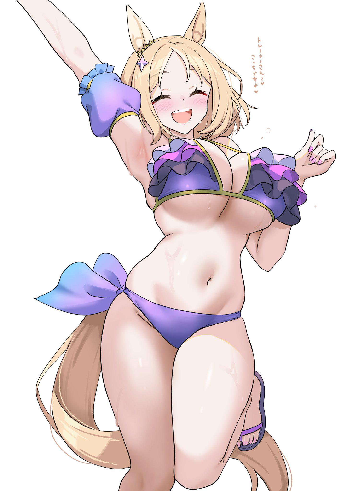 1girls, animal ears, animal tail, arm up, armpit, bikini, bikini bottom, bikini tie, bikini top, blonde hair, blush, blushing, breasts, cygames, ear covers, ear ornament, eyebrows visible through hair, eyes closed, female, frilled bikini, happy, horse ears, horse girl, horse tail, jumping, kibihimi, large breasts, medium hair, narita top road (umamusume), navel, open mouth, painted nails, pink nails, purple bikini, sandals, smile, smiling, solo, sweat, sweatdrop, swimsuit, swinging breasts, text, thick thighs, thighs, tummy, umamusume, umamusume pretty derby, underboob, white background
