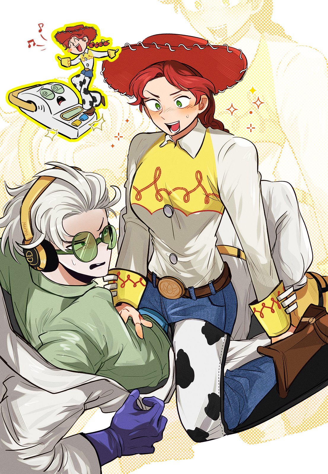 blush, blushing, cleavage, clothed, clothes, clothing, cowboy hat, cowgirl, disney, female, gijinka, glasses, implied, implied sex, jessie (toy story), male, meme, meme reference, smarty pants (toy story), suggestive, toy story, toy story 5