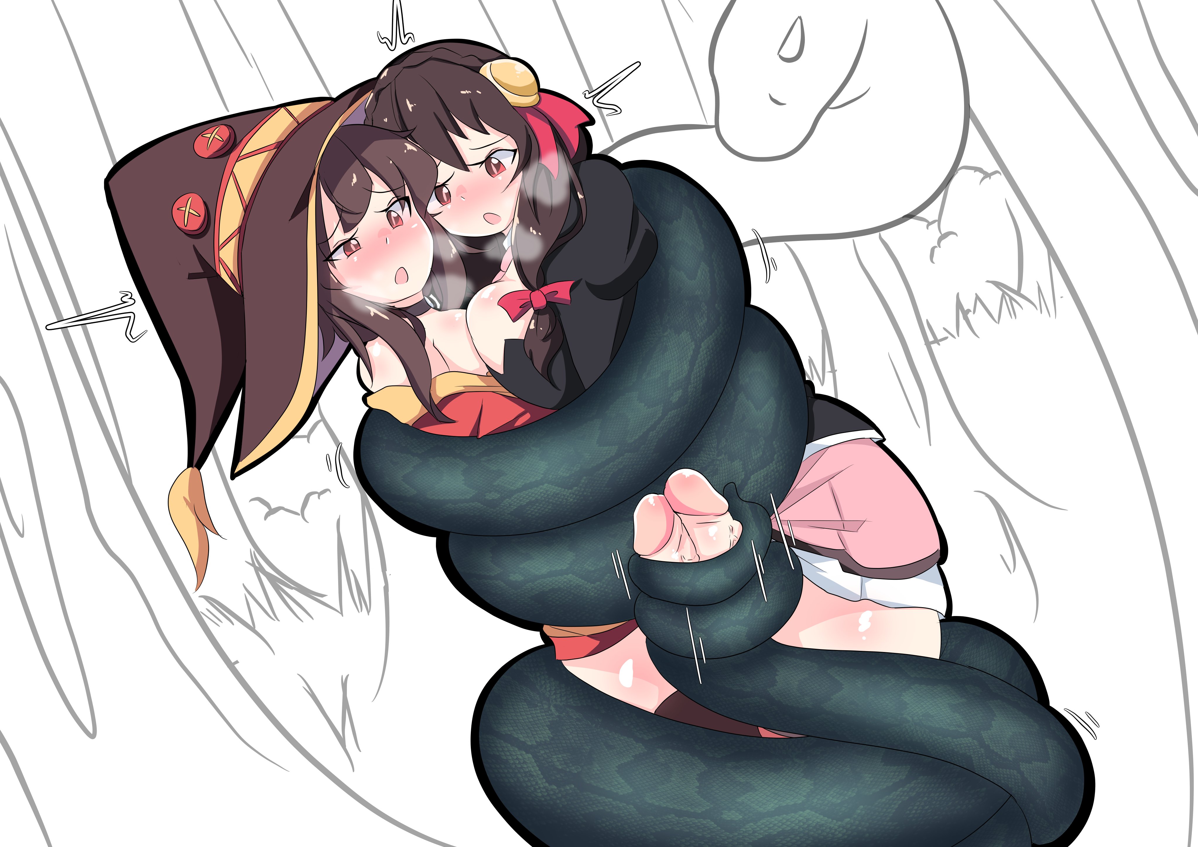 2024, 2futas, absurd res, blush, breast size difference, coiling, coils, double barrel tailjob, erect penis, feral, frottage, futa only, futanari, hair ribbon, kono subarashii sekai ni shukufuku wo!, megumin, open mouth, penis, red eyes, snake, sonazthewho, steamy breath, tail sex, tailjob, witch hat, yunyun (konosuba)