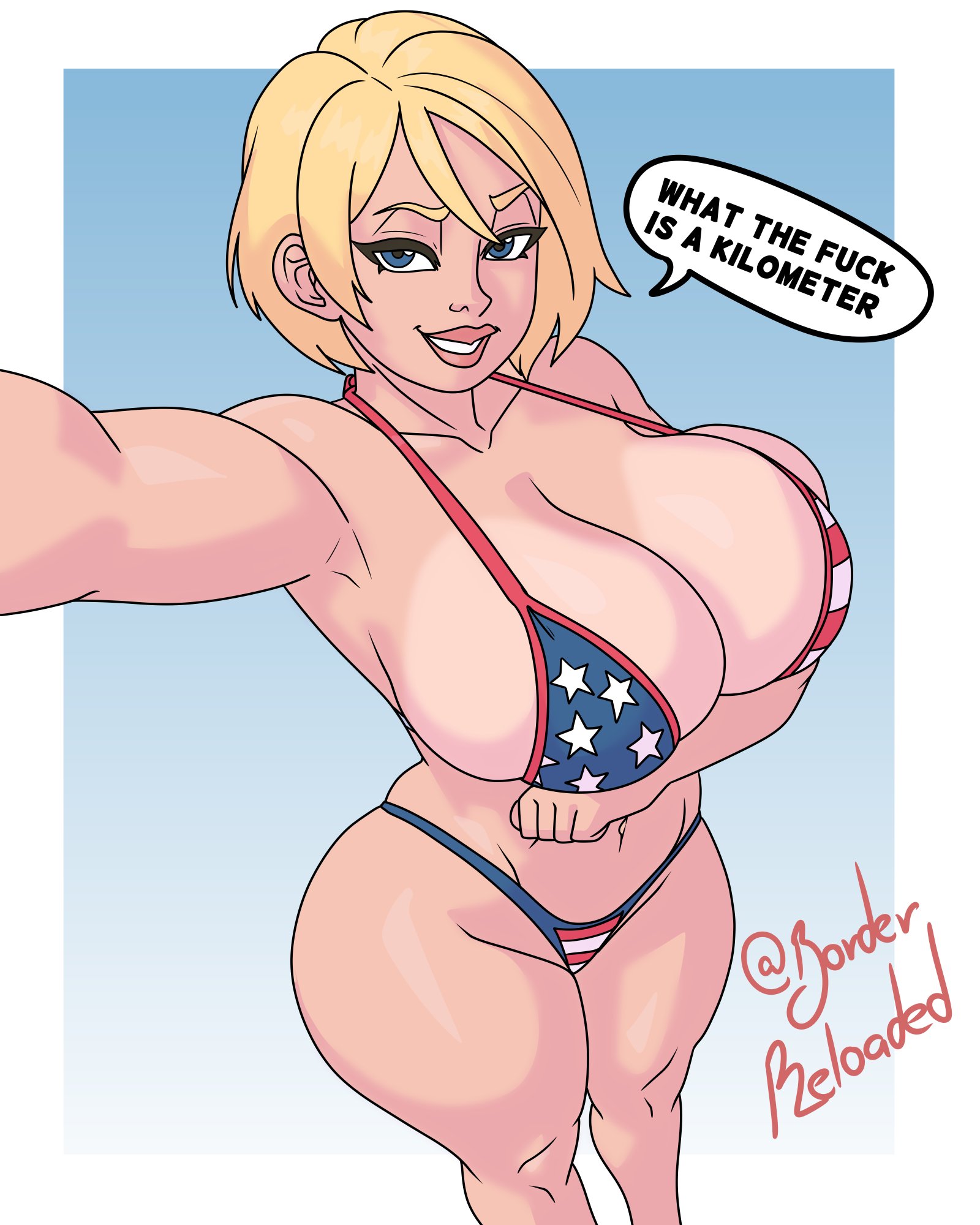 1girls, 4th of july, american flag bikini, borderreloaded, breasts bigger than head, cleavage, dc comics, english text, female, female only, huge breasts, large breasts, power girl, revealing clothes, skimpy clothes, superman (series), text