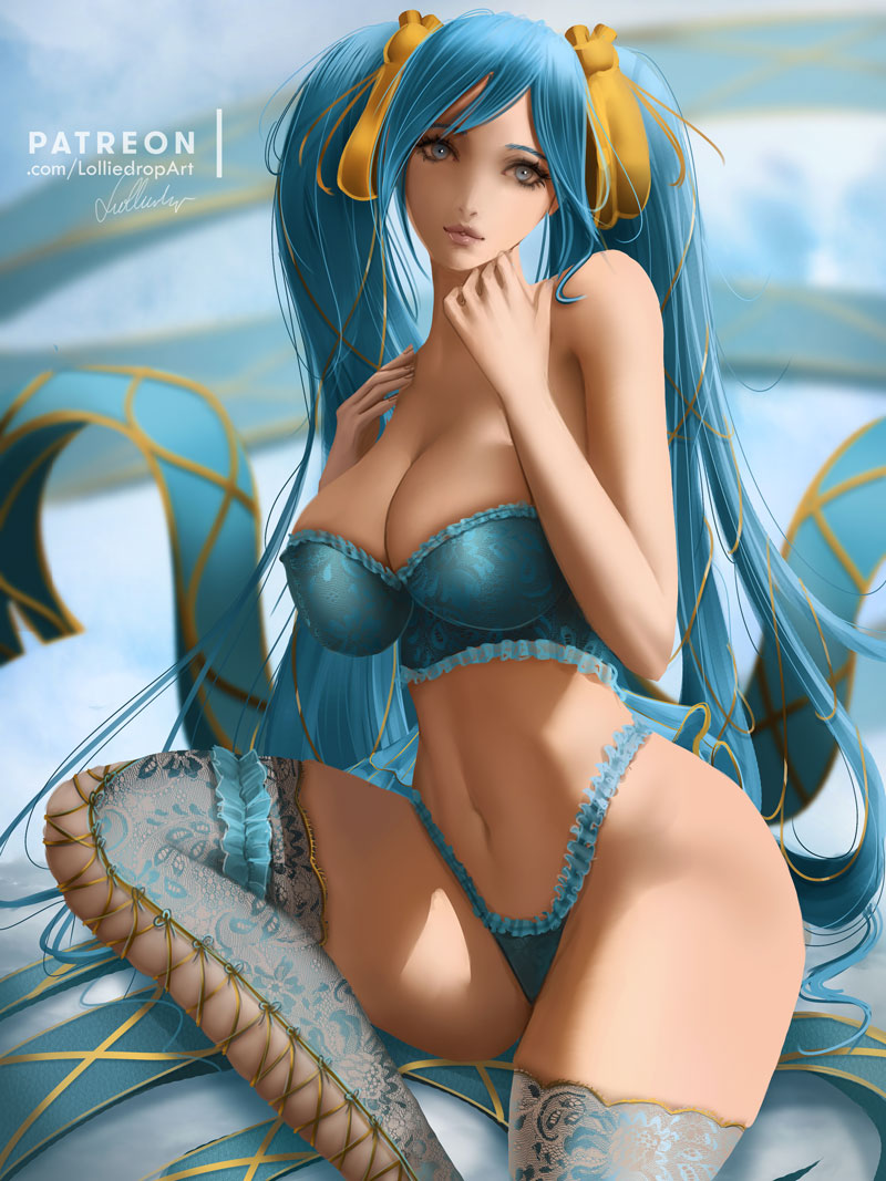 1girls, breasts, cleavage, female, female only, league of legends, lolliedrop, looking at viewer, solo, sona buvelle, thighhighs