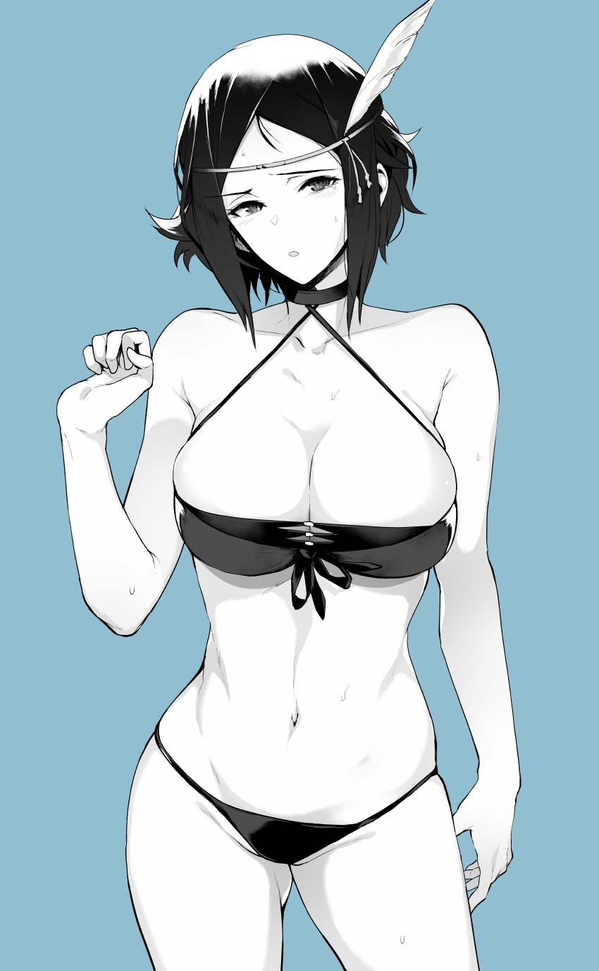 1girls alternate_breast_size big_breasts bikini black_hair breasts female female_only fire_emblem fire_emblem_awakening fire_emblem_heroes high_resolution large_breasts messatsu_tan monochrome nintendo noire_(fire_emblem) noire_(summer)_(fire_emblem) solo swimsuit