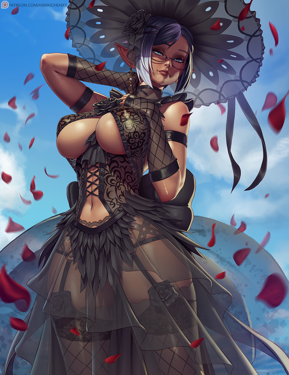 1girls big_breasts breasts cleavage dark-skinned_female dark_elf dark_skin dress elezen elf female female_only final_fantasy final_fantasy_xiv fully_clothed hat janelle_colbernoux large_breasts looking_at_viewer see-through solo thighhighs underboob xxnikichenxx