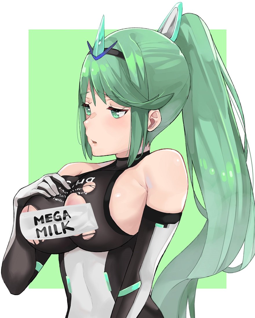 1girls, armor, bangs, bare shoulders, breasts, commentary request, elbow gloves, female, gem, gloves, green background, green eyes, green hair, hair ornament, headpiece, huge breasts, j@ck, jewelry, large breasts, long hair, looking pleasured, mega milk, nintendo, nipple slip, nipples, open mouth, pneuma (xenoblade), ponytail, pose, simple background, solo, spoilers, swept bangs, tiara, very long hair, white background, xenoblade (series), xenoblade chronicles 2