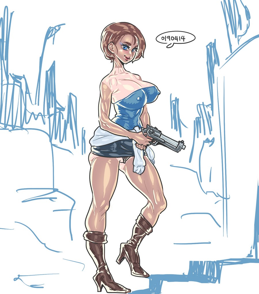 ass big_breasts biohazard boots capcom clitoris female high_heels jill_valentine jill_valentine_(julia_voth) lipstick makeup mungsaman nipple_bulge panties resident_evil resident_evil_3 skirt tan tanline top tubetop underwear