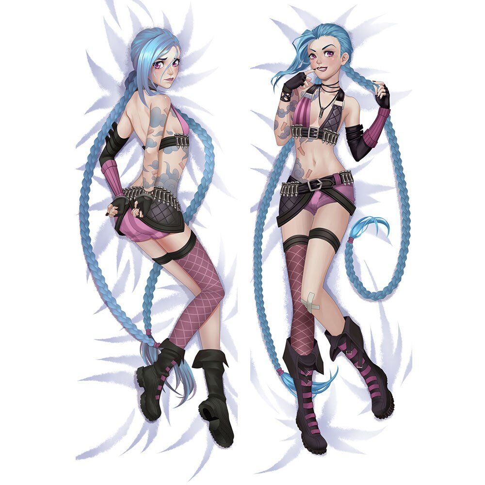 1girls, ass, boobs and butt pose, breasts, dakimakura, female, hand cuffs, jinx (league of legends), league of legends, necklace, skimpy, small breasts