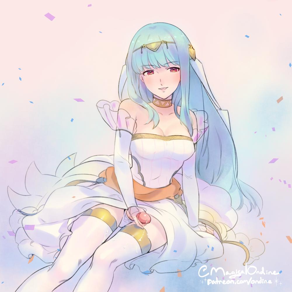 1:1 aspect ratio, 1futa, artist name, blue hair, blush, breasts, bride, choker, cleavage, erection, fire emblem, fire emblem heroes, fire emblem: the blazing blade, futa only, futanari, hair ornament, intersex, magical ondine, masturbation, ninian (fire emblem), nintendo, pantsu, penis, penis in panties, precum, red eyes, roarke (lavenderincubus), see-through, simple background, solo, stockings, thighhighs, trans woman, transfem, underwear