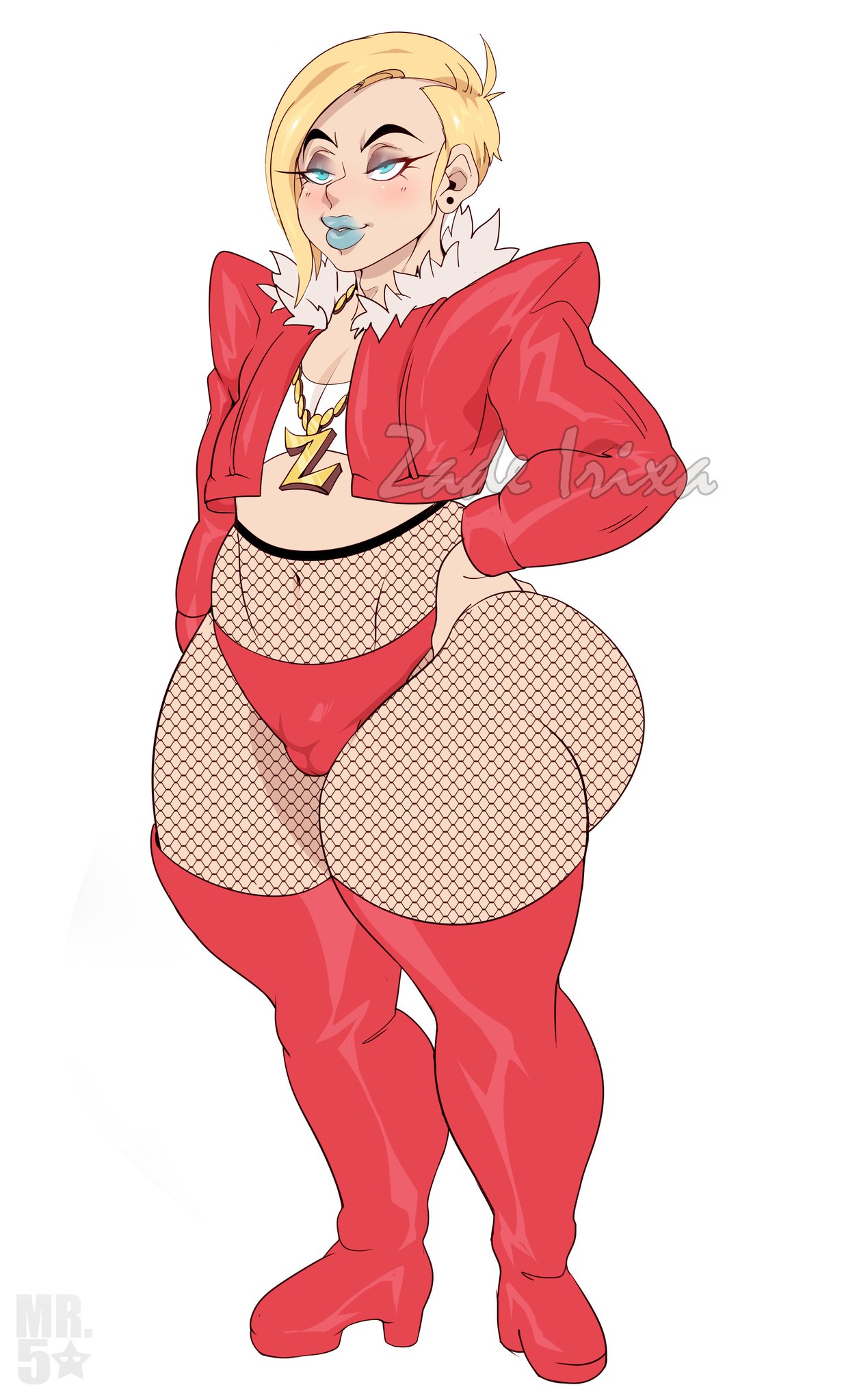 1boy, 1femboy, androgynous, ass, bimbo, blue lipstick, bottom heavy, bottom heavy femboy, crossdressing, eyeshadow, femboy, femboy focus, femboy only, fishnet pantyhose, fishnets, girly, huge ass, light skin, light-skinned femboy, light-skinned male, lipstick, makeup, male, male only, mr5star, necklace, shoulder pads, sissy, solo, trap, wide hips, zade irixa