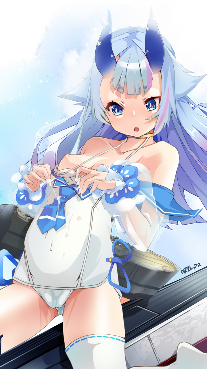 1girls :o azitama_atsushi_(attyuu) azur_lane blue_eyes blue_hair blue_sailor_collar breasts choker collarbone commentary_request cum cum_on_clothes eyebrows_visible_through_hair female highres horns i-13_(azur_lane) light-skinned_female light_skin long_hair looking_at_viewer nipples ribbon-trimmed_legwear ribbon_trim sailor_collar sakura_empire_(azur_lane) small_breasts solo swimsuit teeth thick_eyebrows thighhighs white_legwear white_swimsuit yellow_choker