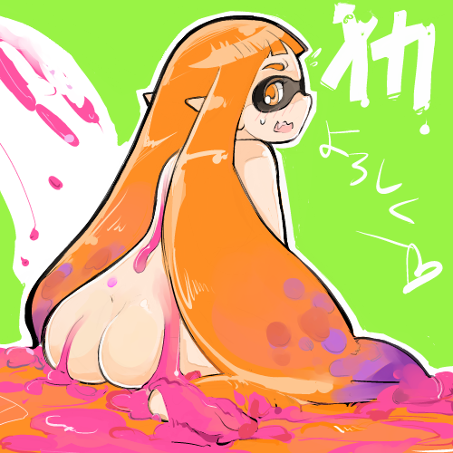 1:1_aspect_ratio animal_humanoid anthro ass blush cephalopod cephalopod_humanoid domino_mask embarrassed female female_only humanoid ink inkling inkling_girl kaori_(splatoon) looking_back low_resolution mask mask_(marking) messy momo&a nintendo nude orange_eyes orange_hair pointed_ears pointy_ears posterior_cleavage pseudo_hair solo splatoon splatoon_(series) squid sweatdrop tentacle tentacle_hair