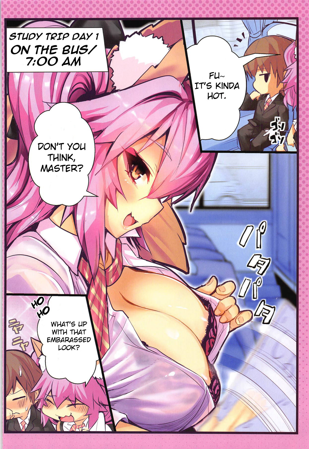 1girls, animal ear fluff, areolae, black bra, blush, bra, breasts, cleavage, exhibitionism, fangs, fate (series), fate/extra, fate/grand order, female, flashing, fluffy tail, fox ears, gyaru, hair between eyes, kogal, lace-trimmed bra, looking at viewer, male, nipples, outdoors, pink hair, presenting, presenting breasts, pulled by self, school uniform, shirt tucked in, sidelocks, sitting, smile, striped tie, tail, tamamo no mae (fate), wisespeak, yellow eyes