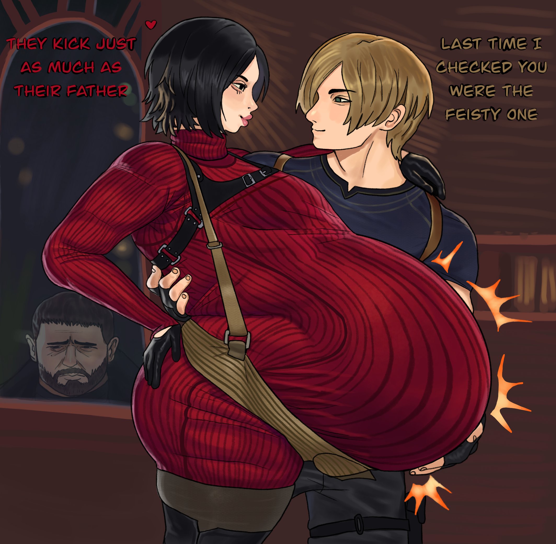 ada wong, big ass, capcom, chris redfield, clothed, female, gloves, hyper belly, leon scott kennedy, male, maternity belt, maternity clothes, meme, pregnant, resident evil, sad, scunnerturn