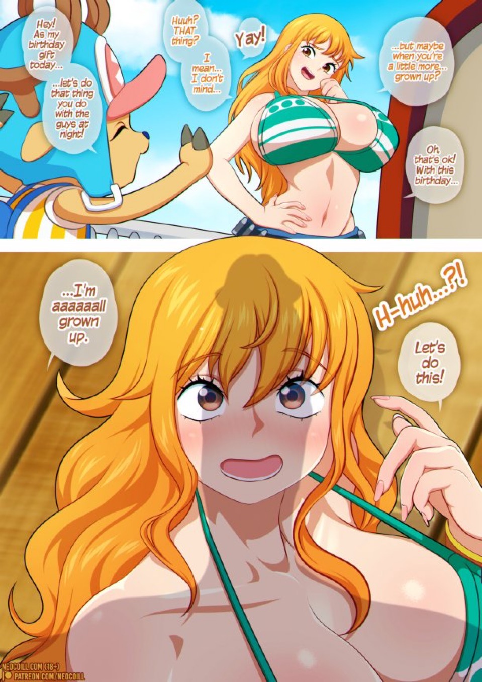 about to pound the fuck outta em, big breasts, bikini, dialogue, female, growth, huge breasts, male, nami (one piece), neocoill, one piece, penis, penis awe, penis shadow, size difference, speech bubble, tony tony chopper
