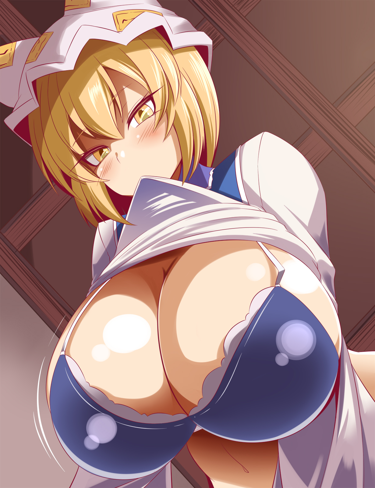 1girls, 2021, 2d, 2d (artwork), animal ears, big breasts, blue bra, bra, breasts, breasts out, clothed, clothing, color, colored, digital media (artwork), female, female only, gero zoukin, hair, hi res, huge breasts, large breasts, light skin, light-skinned female, matching hair/eyes, mature, mature female, ran yakumo, shirt in mouth, shirt up, solo, touhou, touhou project, viewed from below, xialu zajin, yakumo ran, yellow eyes, yellow hair