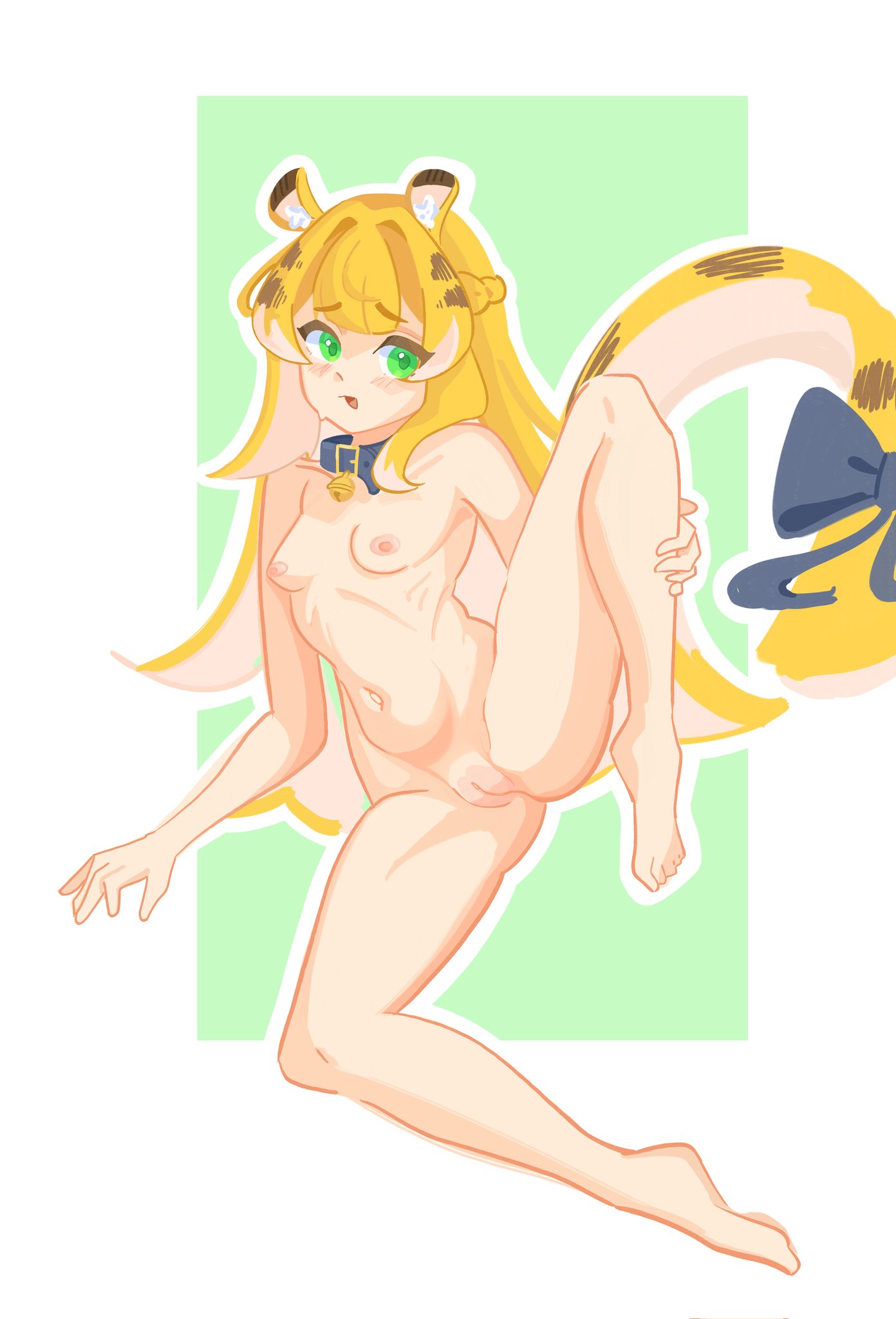 animal ears, animal tail, big nipples, female, female focus, female only, green eyes, hoyoverse, ju fufu, ju fufu (zenless zone zero), juicy pussy, long hair, mihoyo, nipples, nude, nude female, pog chantilly, pussy, pussy juice, skinny girl, yellow hair, zenless zone zero