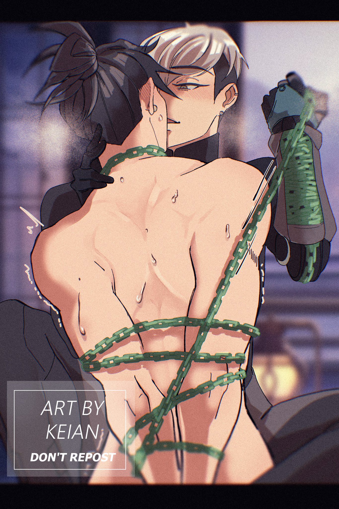 2boys, arms behind back, artist request, chained up, chains, clothed male, gay, male, male only, male/male, mizuki (overwatch), nude male, overwatch, overwatch 2, tied up, wuyang