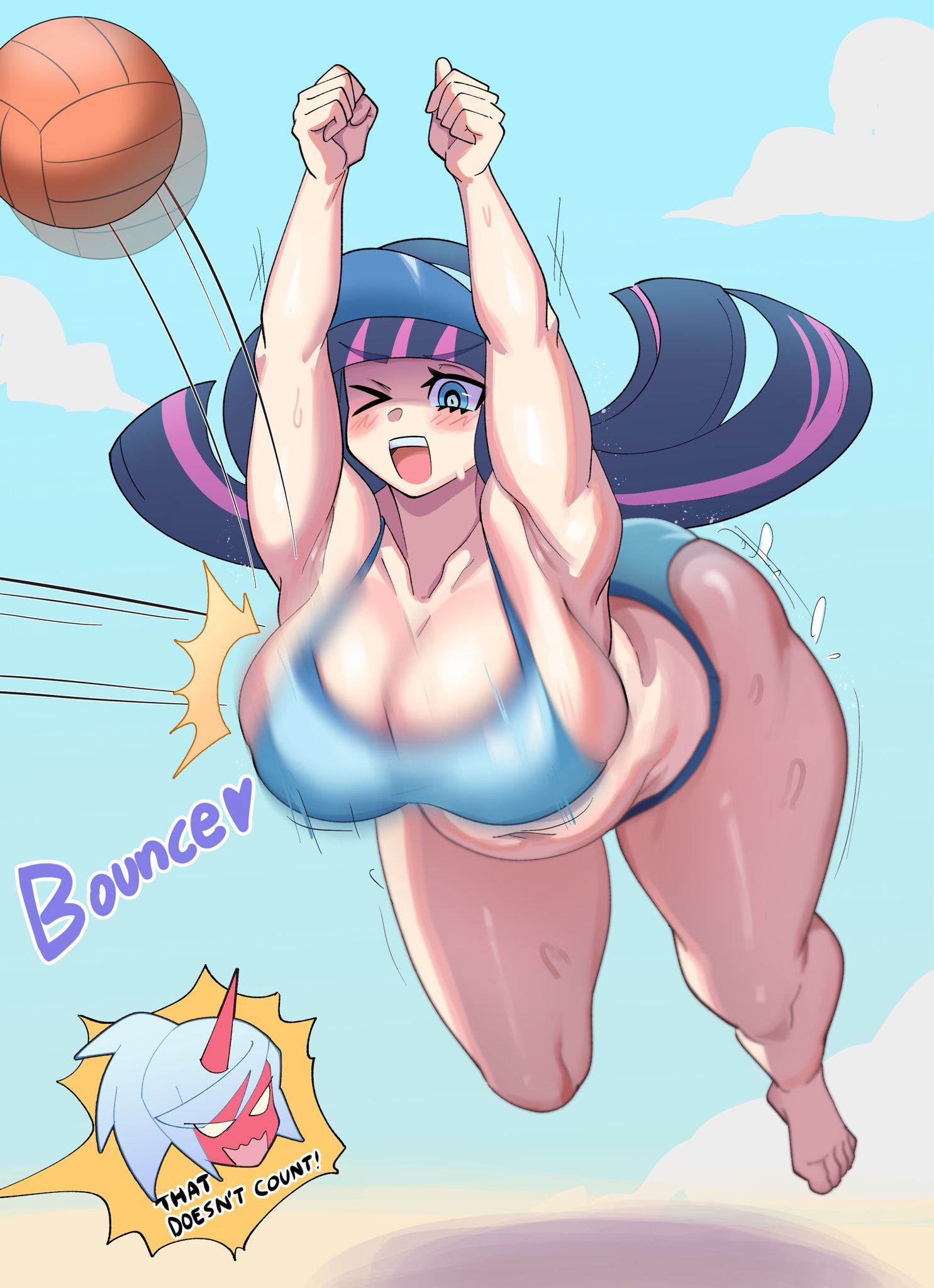 2d, 2d (artwork), 2girls, barefoot, beach, belly, big breasts, bikini, blue eyes, blue hair, blunt bangs, blush, bounce, breasts, chubby, chubby belly, chubby female, color, colored, convenient breasts, digital drawing (artwork), digital media (artwork), female, female focus, headwear, kneesocks (psg), large breasts, light-skinned female, multicolored hair, offscreen character, offscreen female, one eye closed, onomatopoeia, open mouth, panty & stocking with garterbelt, pink hair, playing with breasts, plump, smiling, stocking anarchy, sunny, sweaty, thick thighs, thighs, visor, visor cap, volleyball, ytrall