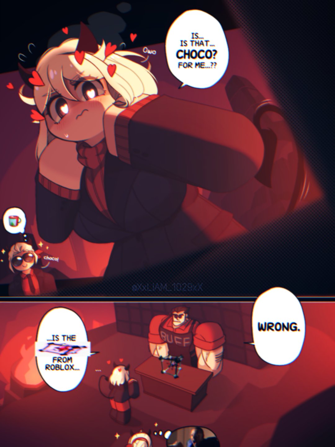 1boy, 2girls, blocky body, breasts, clothed, dialogue, english text, helltaker, helltaker (character), justice (helltaker), meme, modeus (helltaker), not porn, roblox, robloxian, speech bubble, subspace tripmine, tagme, text, xxliam1029xx