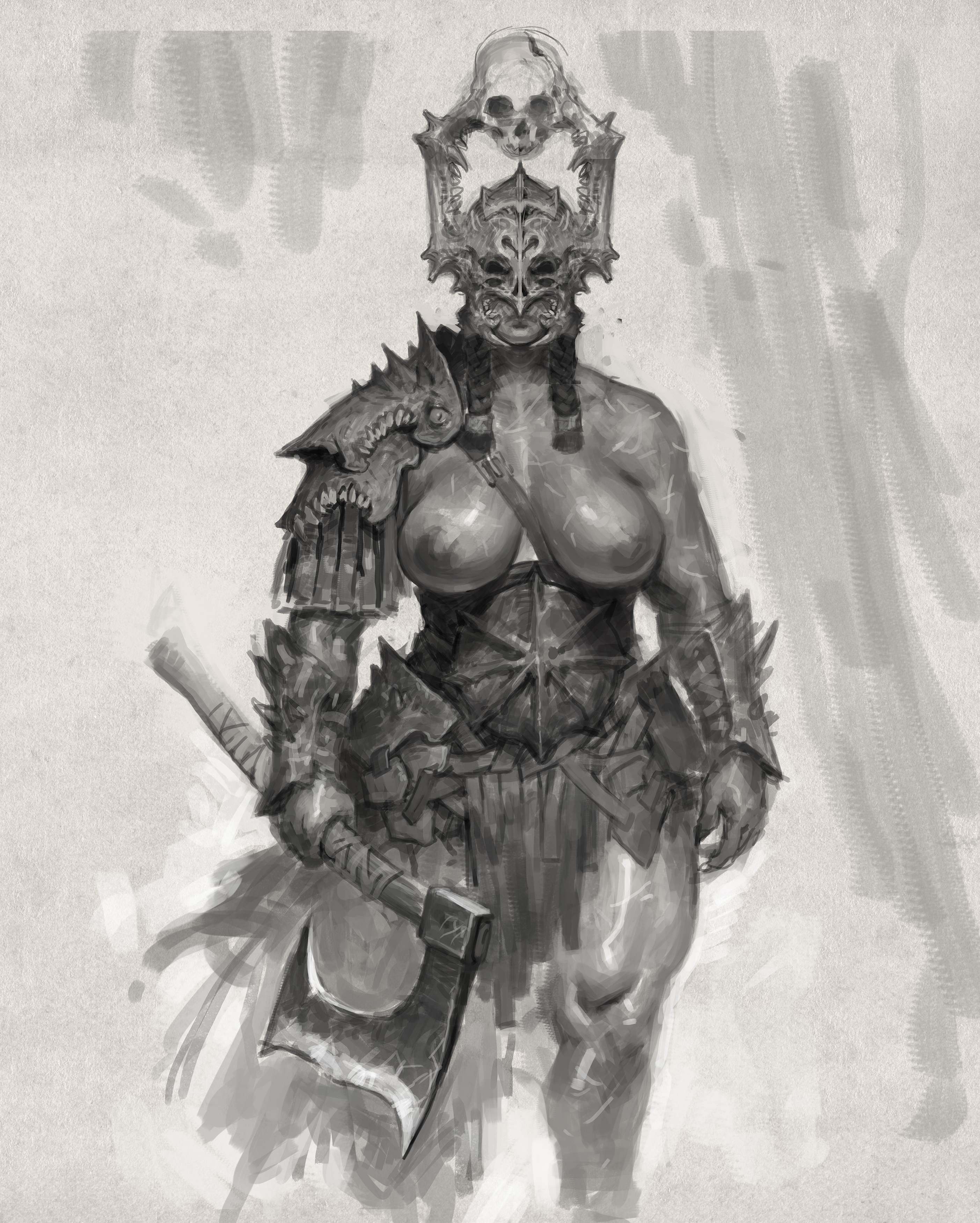 areola, areolae, armor, armored female, artistic nude, artistic nudity, axe, bare arms, bare breasts, bare midriff, bare shoulders, biceps, breasts, breasts out, breasts out of clothes, breasts outside, clavicle, curvaceous, curvaceous female, curvaceous figure, curvy, curvy body, curvy female, curvy figure, curvy hips, curvy thighs, digital drawing (artwork), digital media (artwork), digital painting (artwork), exposed breasts, exposed nipples, fantasy, female, female only, fully naked, fully nude, greyscale, hips, holding weapon, hourglass figure, hourglass figured female, justsomenoob, large breasts, looking at viewer, monochrome, muscular, muscular arms, muscular female, nonsexual, nonsexual nudity, original, original character, painting (artwork), solo, solo female, solo focus, tasteful, tasteful nudity, warrior, wide hips