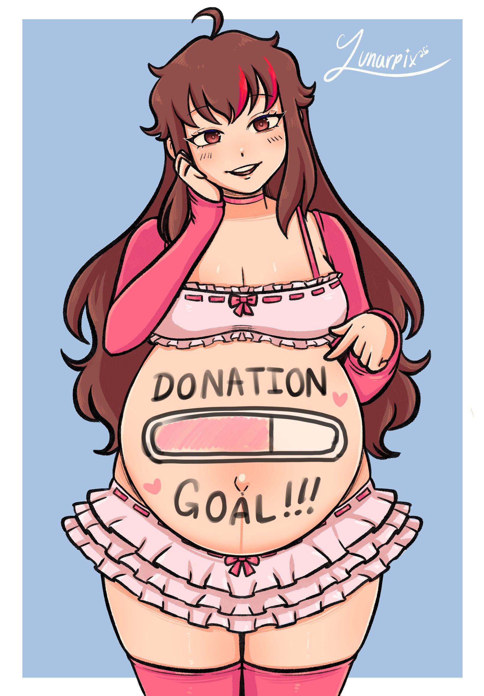brown eyes, brown hair, hanapregs, lunarpix, pink clothing, pointing, pregnant, progress bar, progression, skirt, thick thighs