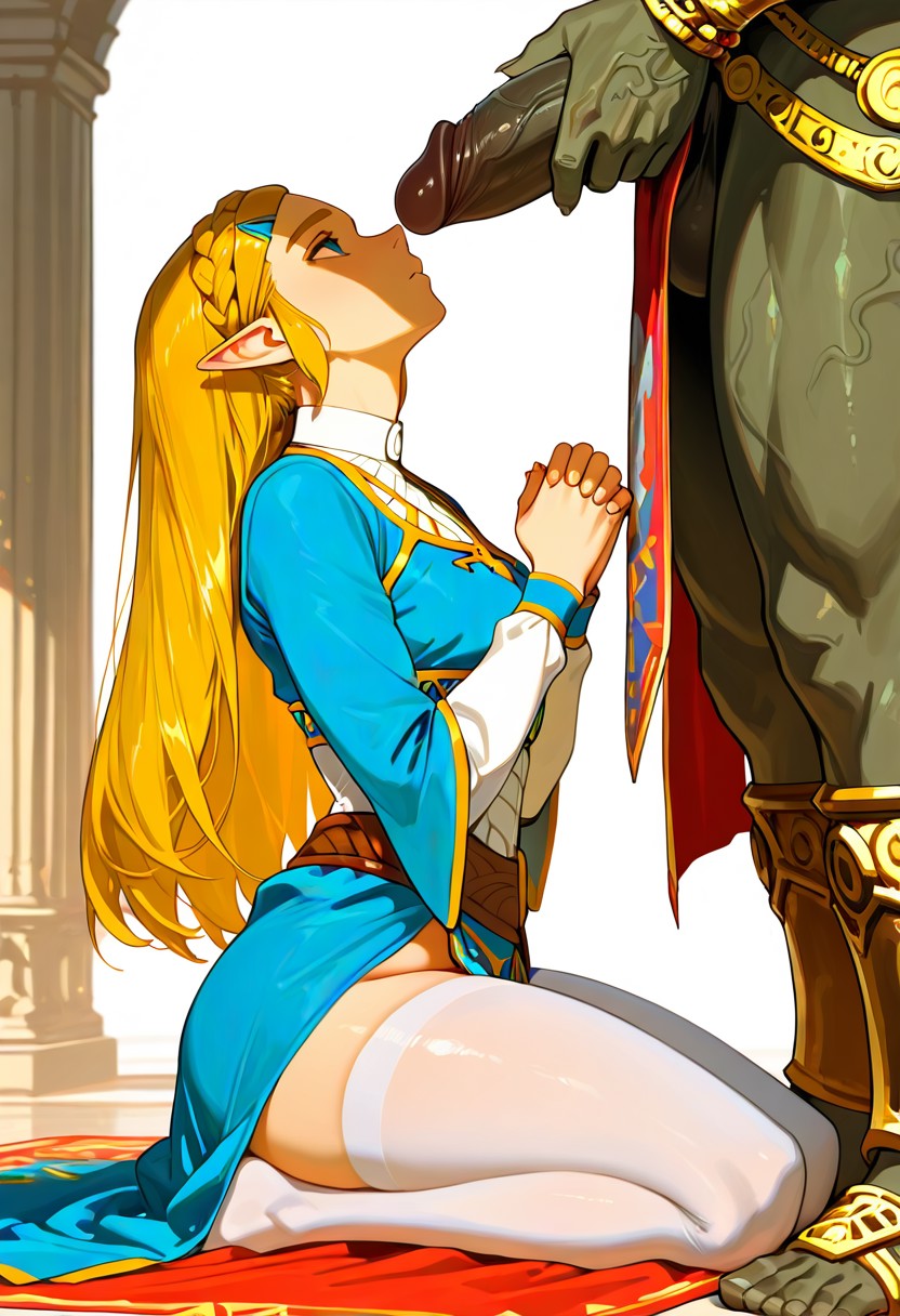 1boy, 1girls, ai generated, captured, ganondorf, imminent rape, prayer hands, praying, princess zelda, royalty, submissive, submissive female, the legend of zelda