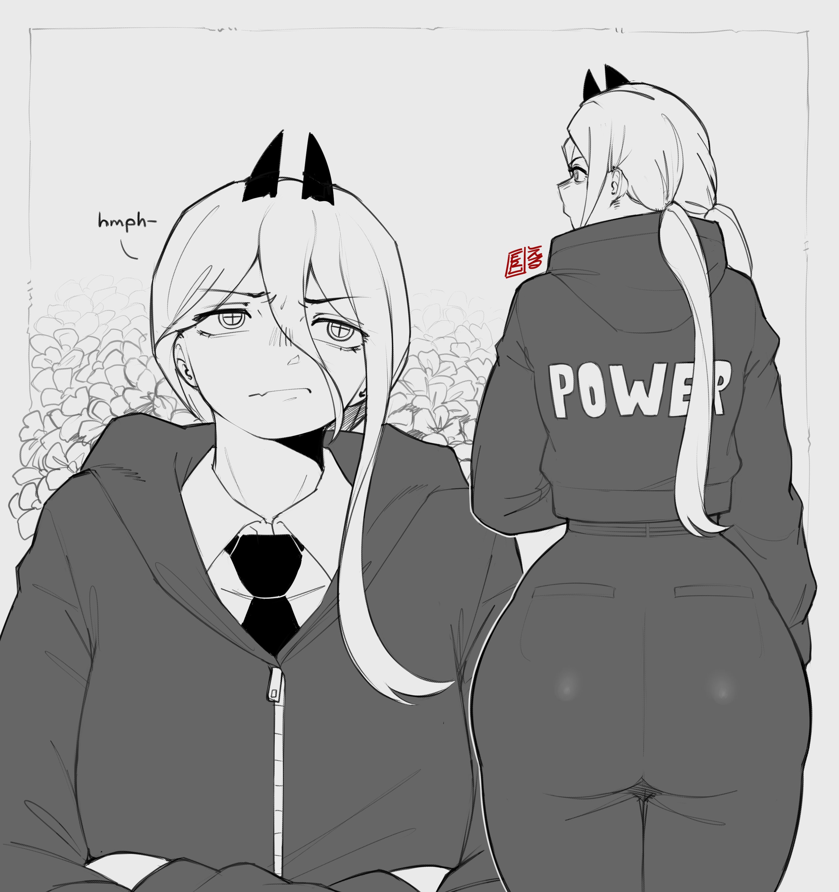 1girls, ass, big ass, big butt, chainsaw man, clothed, devil girl, devil horns, erusensei, fat ass, female, female only, fiend, fully clothed, horns, huge ass, huge butt, large ass, power (chainsaw man), shounen jump, tagme, text, thick, thick ass, tight pants