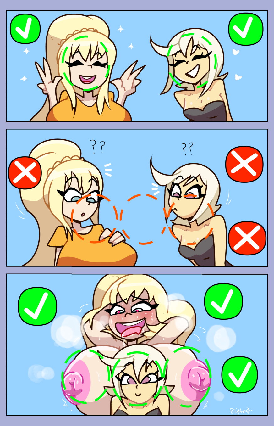 ?, 2girls, 3 panel comic, 3koma, areolae, aroused, art trend, blightstar, breast size difference, breasts bigger than head, chris (konosuba), clip studio paint (medium), comic, convenient breasts, darkness (konosuba), hands behind head, head between breasts, kono subarashii sekai ni shukufuku wo!, large breasts, nipples, presenting breasts, smile, steamy breath, tagme, undressing, v sign