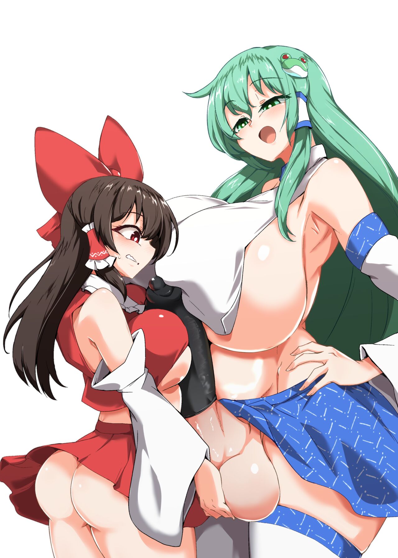 1futa, female, futa with female, futanari, huge balls, huge breasts, huge cock, imminent sex, pandain, reimu hakurei, sanae kochiya, sideboob, smug face, touhou