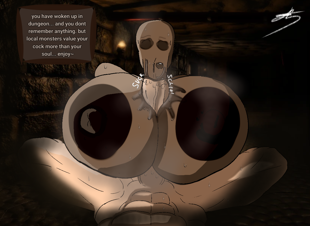 1boy, 1female, 3d background, areolae, big breasts, big penis, blowjob, breasts, breasts bigger than head, dark nipples, demon, dungeon, eyeless, monster girl, nipples, no eyes, onomatopoeia, oral, paizuri, penis, pillar chase 2, roblox, roblox background, roblox game, rosemary (pillar chase 2), screencap background, story in picture, sweat, tasteofchoklit (edit), titjob