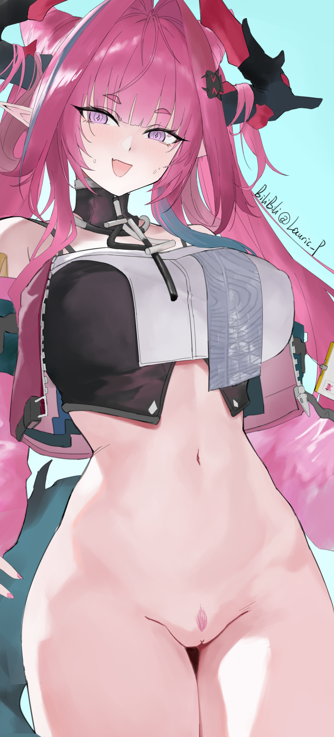 absurdres, arknights, arknights: endfield, bottomless, chinese commentary, colored pubic hair, commentary request, cowboy shot, dragon girl, dragon horns, female, highres, horns, lauric p, looking at viewer, multicolored hair, navel, non-web source, open mouth, pink eyes, pink hair, pink pubic hair, pointy ears, pubic hair, pussy, sidelocks, sign, solo, source request, sparse pubic hair, sweatdrop, yvonne (arknights: endfield)