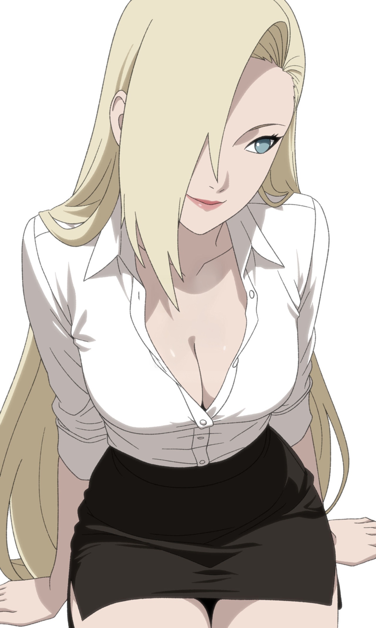 1girls, accurate art style, arm support, blonde hair, blue eyes, breasts, child bearing hips, cleavage, commentary, curvaceous, curvy, curvy body, curvy female, curvy figure, female, female only, formal, formal clothes, hair over one eye, hourglass figure, indoors, ino yamanaka, kiripetals, laptop, legs together, light skin, light-skinned female, lipstick, long hair, makeup, miniskirt, naruto, naruto (series), naruto shippuden, naruto: the last, no bra, office, office lady, open shirt, pinup, plain background, presenting, presenting breasts, shirt, simple background, skirt, teasing, thick thighs, thighs, unbuttoned, unbuttoned shirt, undressing, very long hair, voluptuous, voluptuous female, white background, wide hips