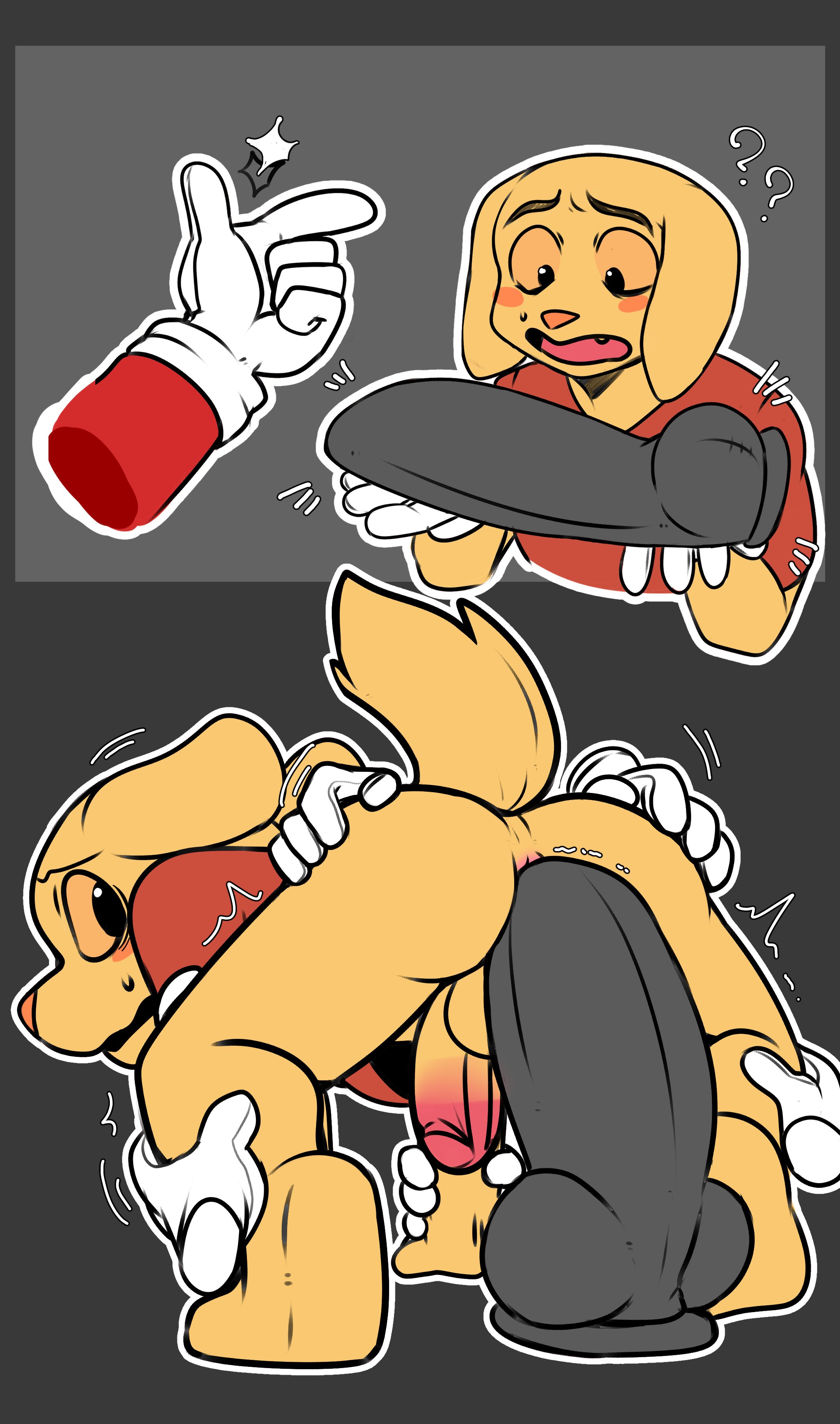 anal insertion, blush, caine (the amazing digital circus), canine, dildo, furry, hands, inminent anal, male only, saku1saya, scratch (tadc), scratch (the amazing digital circus), sex toy, tagme, the amazing digital circus