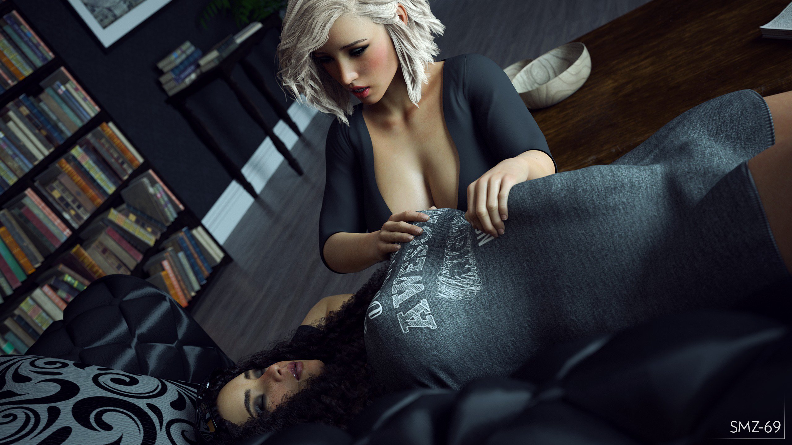 2futas, 3d, balls, balls bulge, black hair, bottomless, breasts, bulge, cheyenne (smz-69), cleavage, cody (smz-69), curvy, dickgirl, duo, erect nipples, erection, erection under clothes, futa on futa, futa only, futa with futa, futanari, hair, handjob, huge breasts, human, intersex, large penis, nipple bulge, nipples, penis, penis bulge, penis under clothes, penis under shirt, realistic, sleep molestation, sleeping, smz-69, t-shirt, tenting, white hair