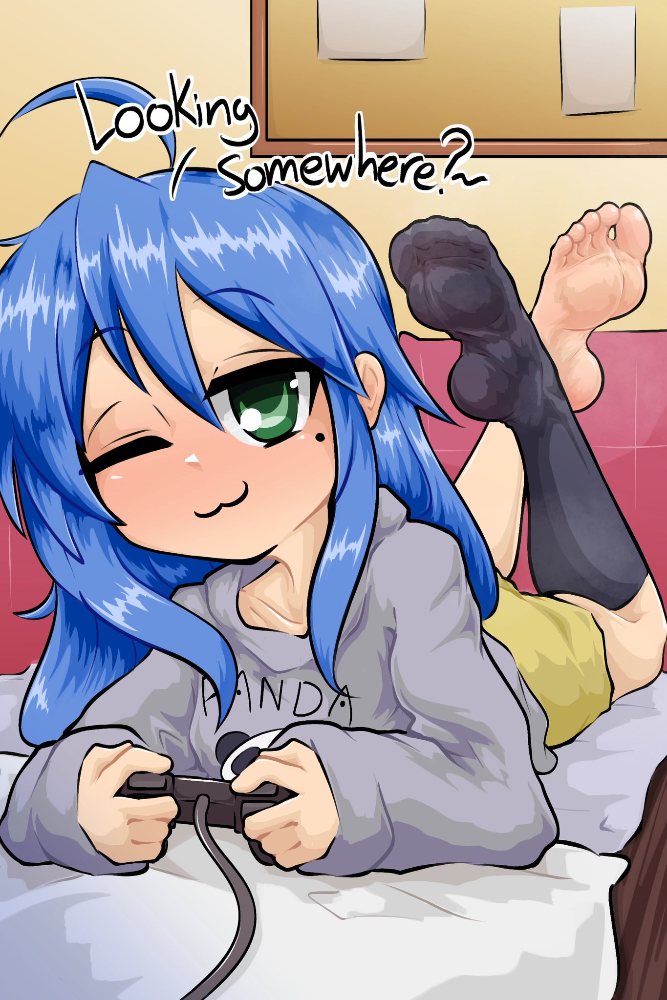 caloart30, feet, feet up, foot fetish, konata izumi, lucky star, playstation controller, winking at viewer
