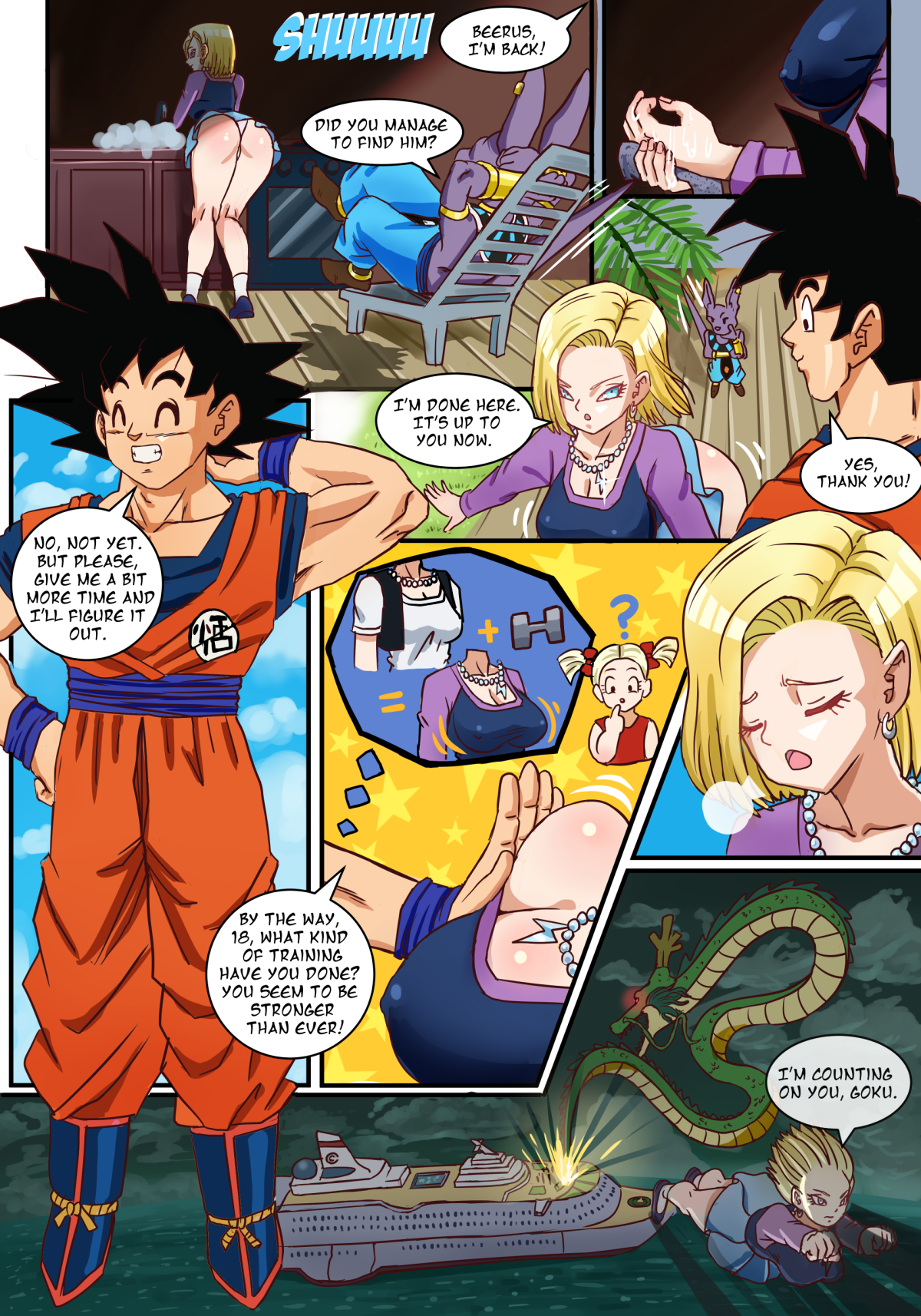 1girls, android 18, beerus, big breasts, blonde hair, blue eyes, breasts, cleavage, comic, curvy, dragon ball, dragon ball super, dragon ball z, female, god of destruction, male, medium hair, pinkpawg, son goku, voluptuous, wide hips