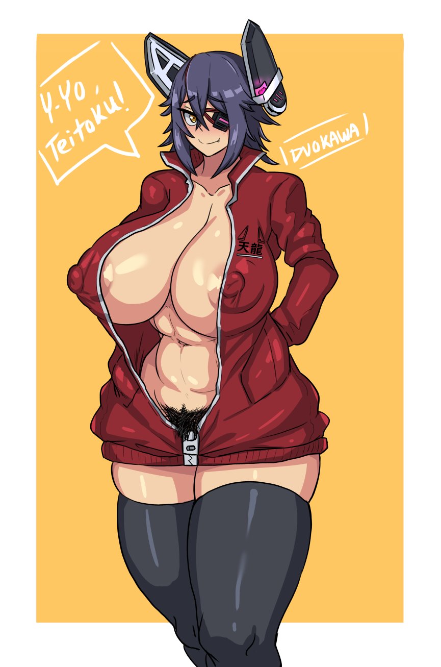 abs, areolae, artist name, big breasts, breasts, collarbone, dialogue, duo kawa, erect nipples, erect nipples under clothes, eyepatch, fangs, female, female only, hair ornament, hairy pussy, huge breasts, jacket, kantai collection, large breasts, light skin, light-skinned female, looking at viewer, nipples, oerba yun fang, open jacket, open shirt, pubes, pubic hair, purple hair, pussy, revealing clothes, shorts, solo, solo female, solo focus, standing, stomach, tenryuu (kantai collection), thick thighs, thighhighs, thighs, tomboy, toned, toned female, tummy, yellow eyes