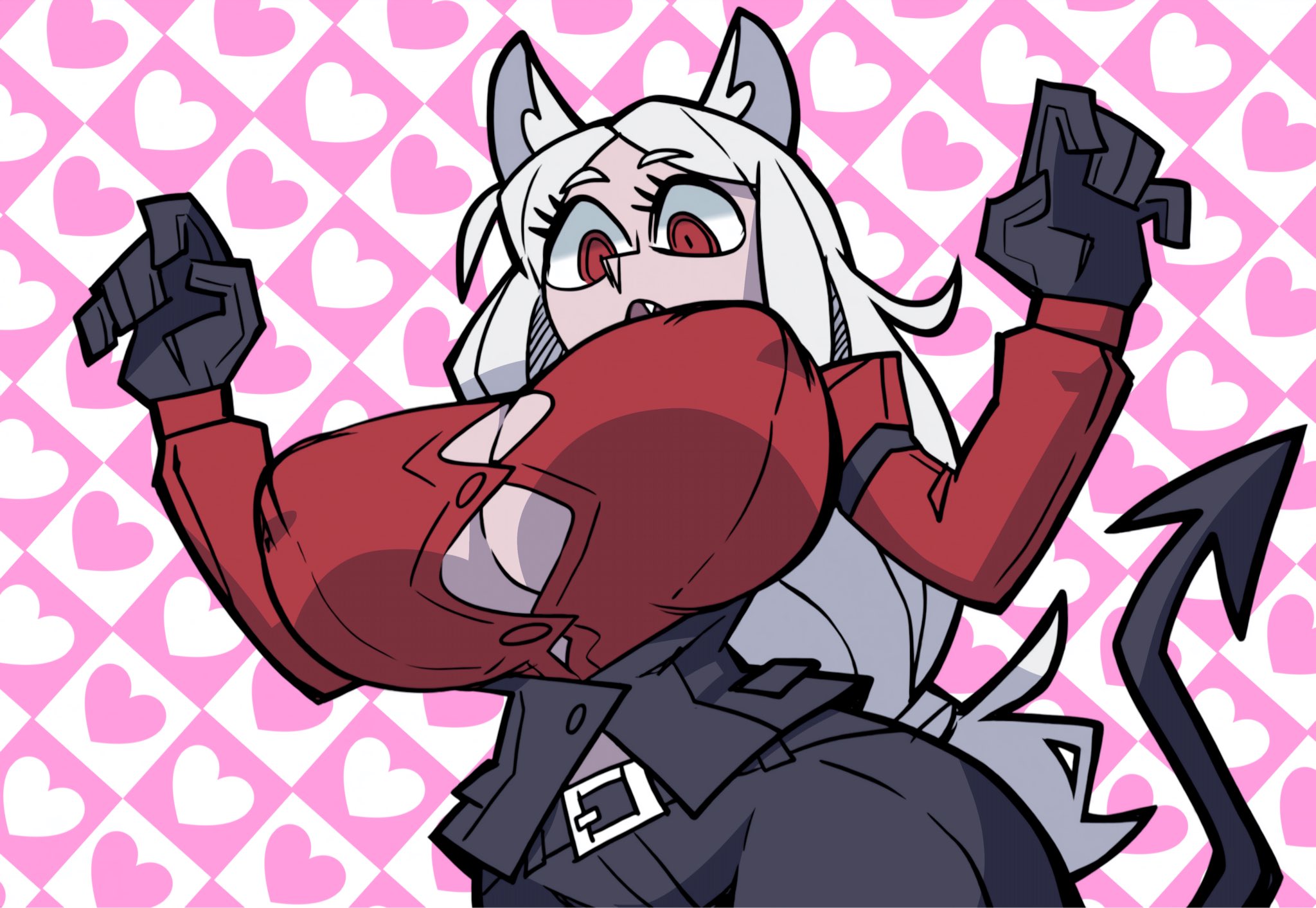 1girls, 2026, alternate breast size, animal ears, animal humanoid, arms up, belt, big breasts, black gloves, breast expansion, breast growth, breasts, bursting breasts, busty, canid, canine, canine humanoid, canis, cerberus (helltaker), cleavage, clothed, clothed female, clothing, cowboy shot, curvaceous, curvy, demon, demon girl, demon tail, dog ears, dress shirt, expansion, female, front view, fully clothed, gloves, grey skin, hair, handwear, heart background, helltaker, hi res, hourglass figure, huge breasts, humanoid, kemonomimi, large breasts, legs together, light skin, light-skinned female, long hair, looking at breasts, looking at self, looking down, mammal, mammal humanoid, nipple bulge, oerba yun fang, open mouth, pale skin, parallaxfused, parted bangs, pattern background, red eyes, solo, spade tail, standing, straining buttons, surprised, tail, thick thighs, thighs, tied hair, tight clothing, tight shirt, very long hair, white hair, wide hips