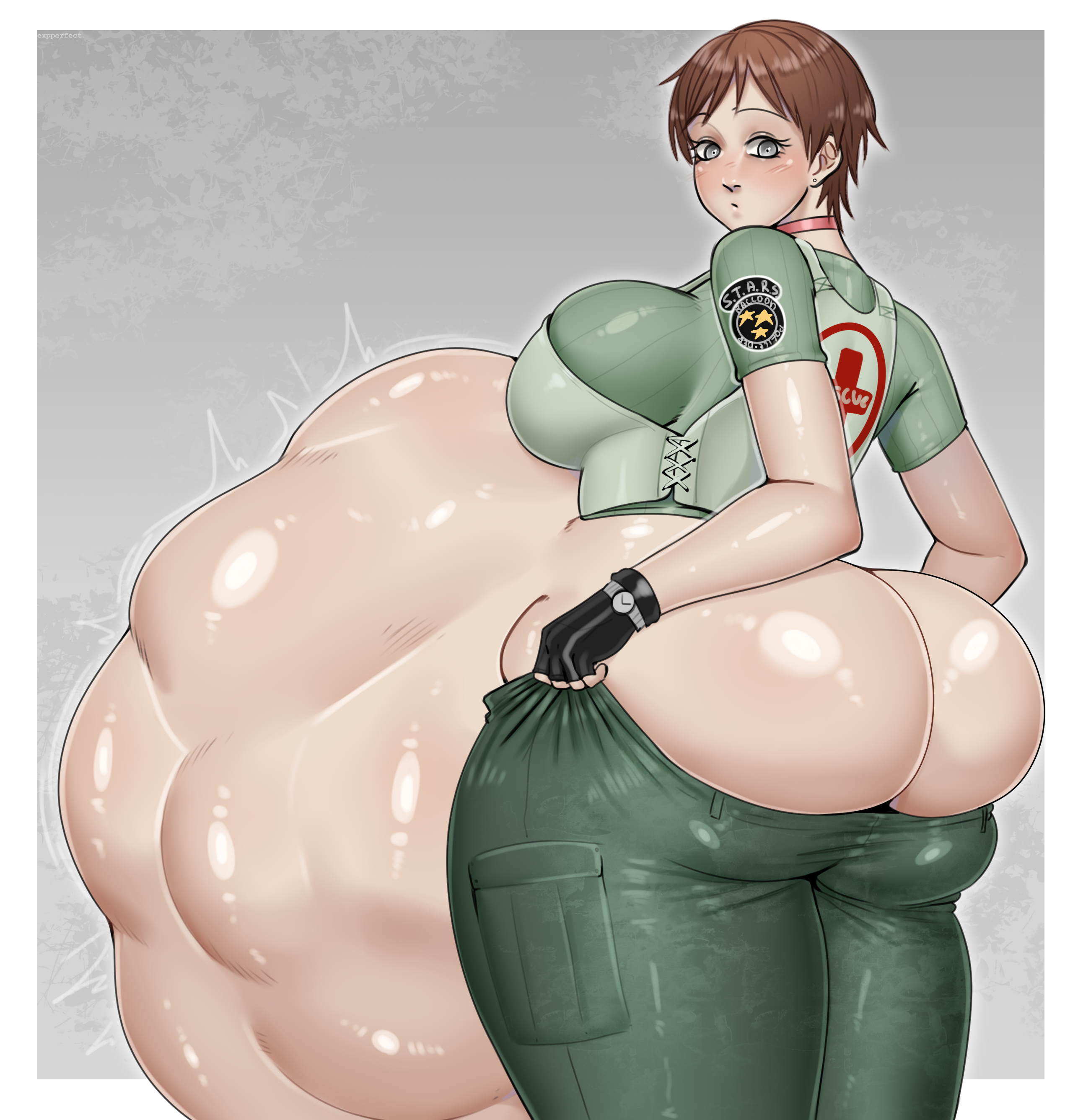 1girls, ambiguous prey, ass, belly, big ass, big belly, big breasts, big butt, breasts, brown hair, brown hair female, brunette female, brunette hair, collar, exposed ass, exposed butt, expperfect, female pred, huge belly, large ass, large butt, partial nudity, rebecca chambers, red collar, resident evil, short hair, short hair female, soft vore, struggling, struggling prey, vore, vore belly