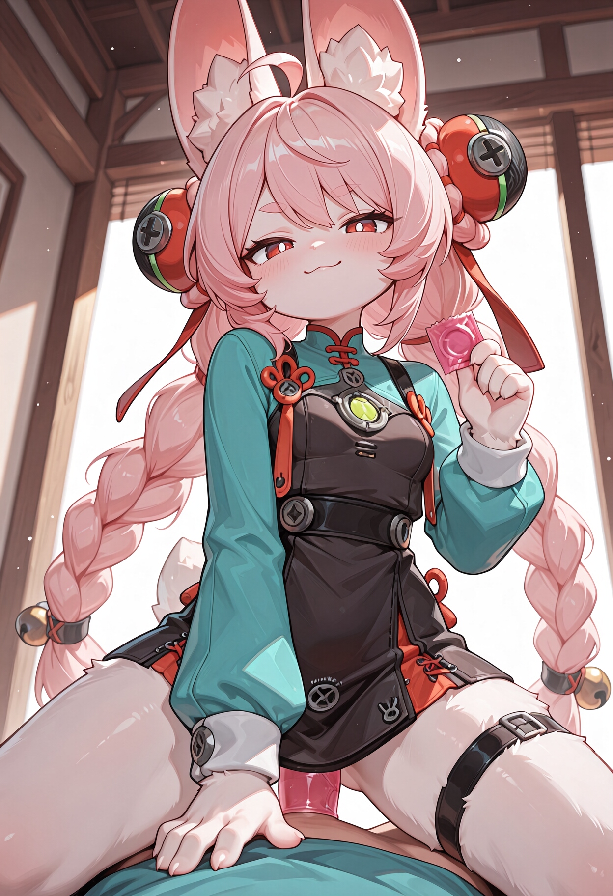 1boy, ai generated, animal ears, condom, cowgirl position, female, furry, furry female, holding condom, implied sex, looking at viewer, milfhunter228, pink hair, pov, rabbit ears, rabbit girl, red eyes, sitting on person, smug, zenless zone zero, zhao (zenless zone zero)