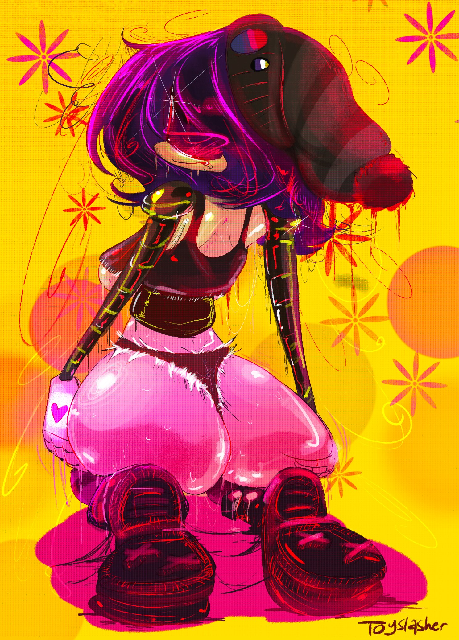 1girls, ass, ass bigger than head, ass focus, beanie, blushing, cigarette, female, female focus, female only, murder drones, purple eyes, purple hair, robot, robot girl, solo, solo female, solo focus, toyslasher, underwear, uzi (murder drones), yellow background
