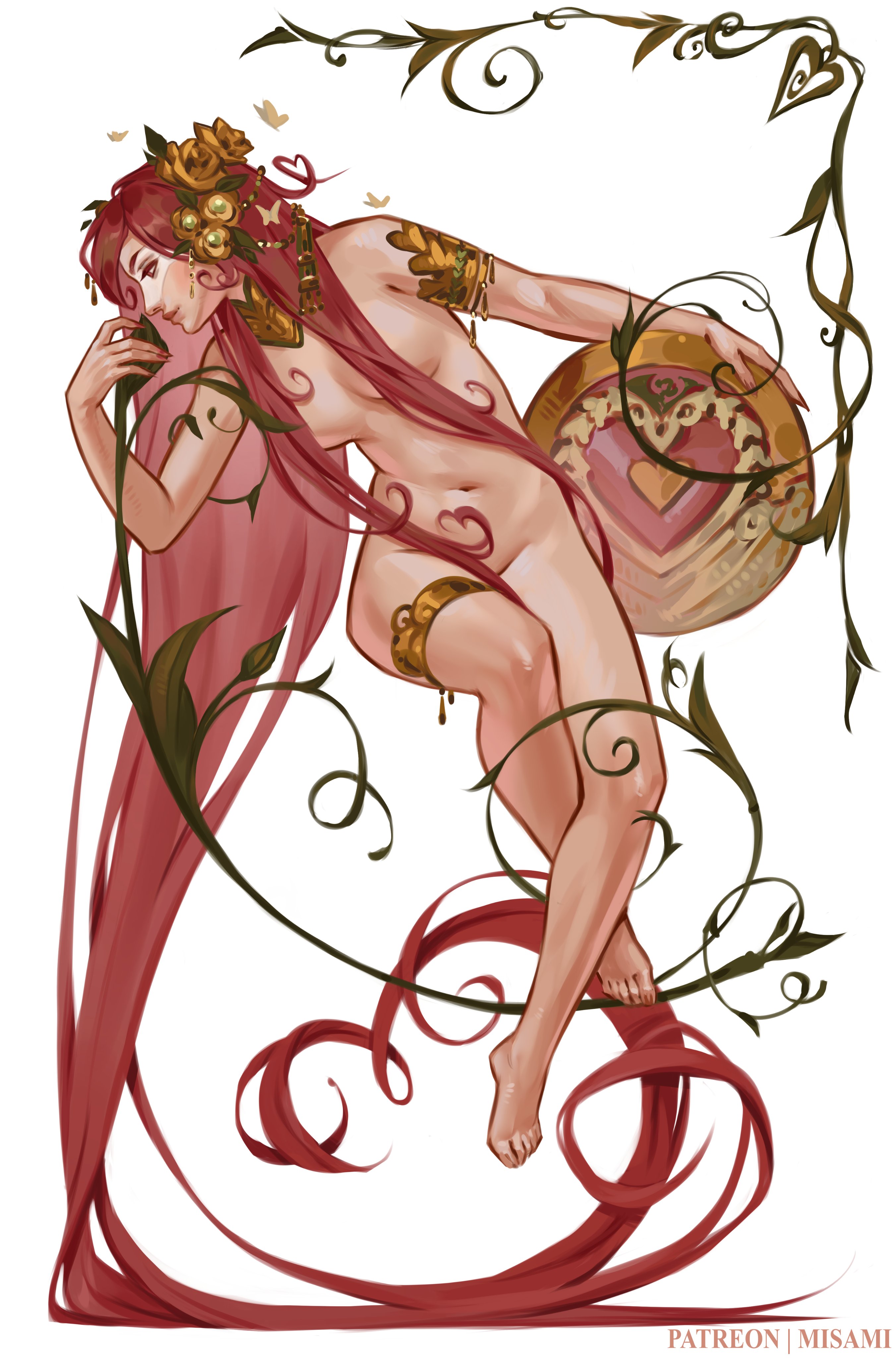 absurd res, almost naked, aphrodite, aphrodite (hades), artistic nude, artistic nudity, bare arms, bare breasts, bare legs, bare midriff, bare shoulders, bare thighs, breasts, breasts out, convenient censoring, covered navel, covered nipples, curvaceous, curvaceous body, curvaceous female, curvaceous figure, curves, curvy, curvy body, curvy female, curvy figure, curvy hips, digital drawing (artwork), digital media (artwork), digital painting (artwork), female, female focus, female only, fine art parody, fully naked, fully nude, gold jewelry, hades (game), high resolution, highres, hips, long hair, medium breasts, misami, nonsexual, nonsexual nudity, nudist, pale skin, pale-skinned female, perky breasts, pink eyes, pink hair, solo, solo female, solo focus, tasteful, tasteful nudity, thighs, wide hips
