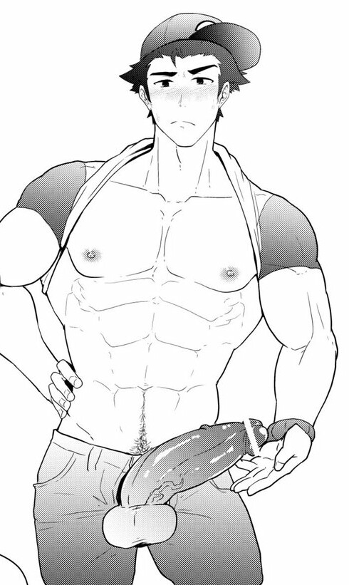 1boy abs big_penis black_and_white blush hat huge_cock human human_only jeans kakenari male male_only monochrome muscles muscular pecs pokemon pokemon_sm red_(pokemon) shirt shirt_pulled_behind_neck solo